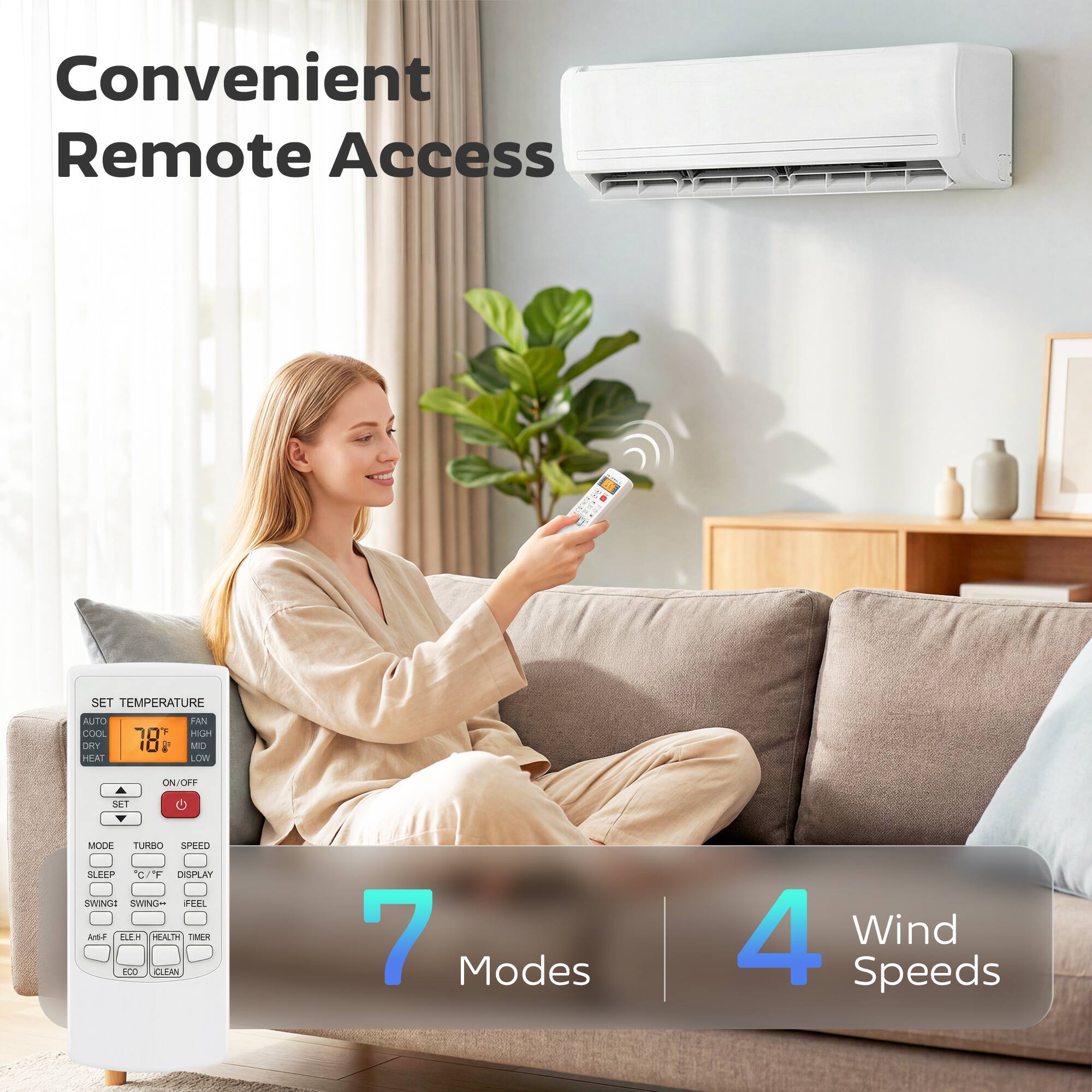 Convenient Remote Access

SET TEMPERATURE  
AUTO COOL OR HEAT  
18 - 30°F  
FAN: HIGH, MEDIUM, LOW, ON/OFF  
SET  
MODE: TURBO, SPEED, SLEEP, C/T  
DISPLAY  
SWINGS  
C/°F  
TIMER  
CLEAN  

7 Modes  
4 Wind Speeds