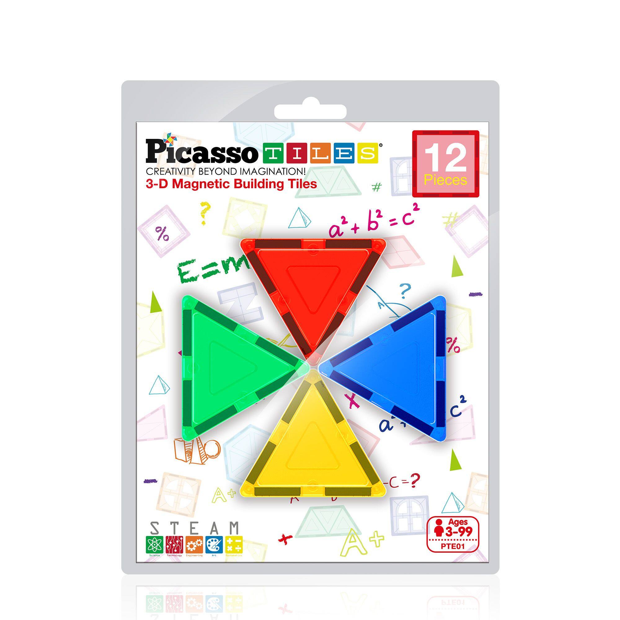 Picasso Tiles  
Creativity Beyond Imagination!  
3-D Magnetic Building Tiles  
12 Pieces  

a² + b² = c²  
E = m  
%  
?  
A+  
C=?  
STEAM  
Ages 3-99  
PTE01