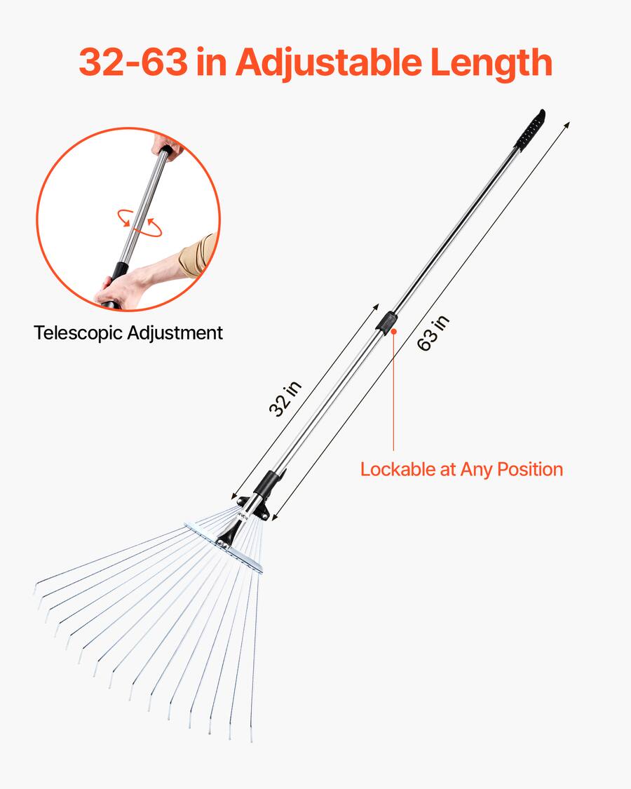 Extenable Rake VEVOR Adjustable Garden Rake with 15 Metal Tines, 7.5 22.4 Inch ...