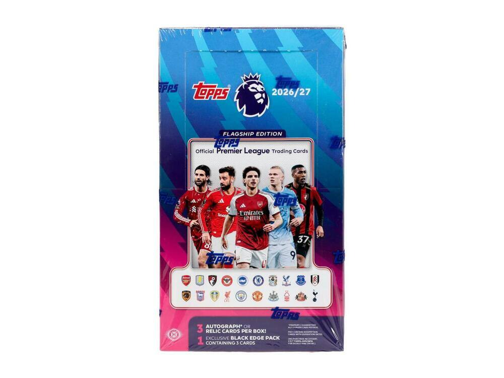 PPS tepps  
2026/27  
FLAGSHIP EDITION CPPS Official Premier League Trading Cards  
PPS  
Snop  
toppy Emirates FLT BETTER  
Tepps  
37 9  
te  
H  
LOPAS AUTOGRAPH* OR 3 RELIC CARDS PER BOX!  
EXCLUSIVE BLACK EDGE PACK 1 CONTAINING 3 CARDS