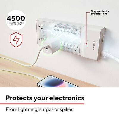 4500 JOLTS OF SURGE PROTECTION  
Surge protector indicator light  
Protects your electronics  
From lightning, surges or spikes