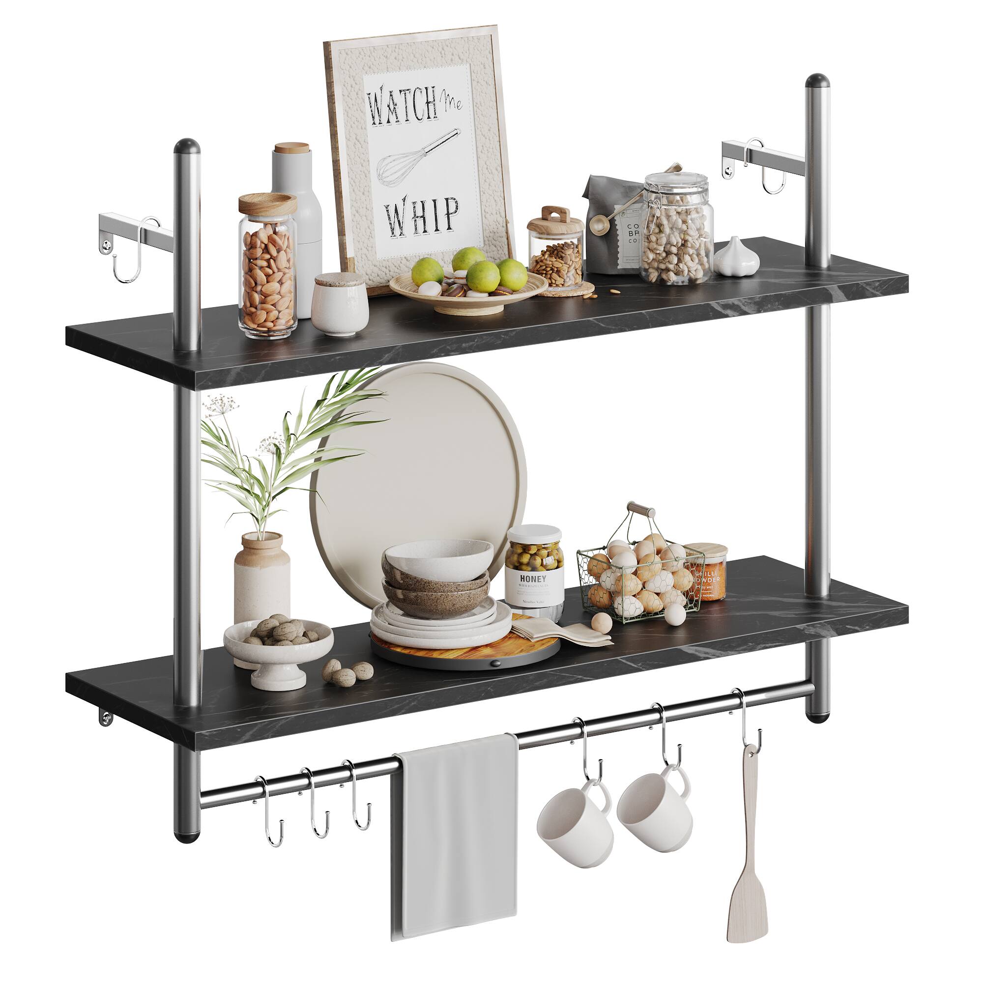 Bestier - 32-inch Industrial Pipe Floating Shelves, 2-Tier with 8 Hooks for Home Storage - Black Marble