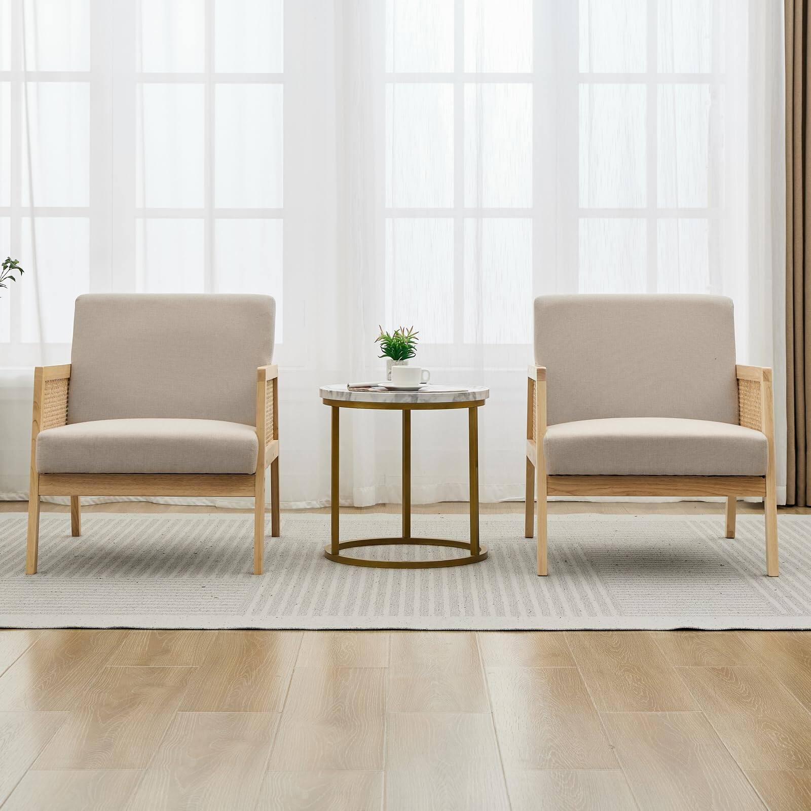 Alt View 2. Jojoka - Linen Upholstered Lounge Chairs 2 Pack, Indoor/Outdoor Rattan Webbing, Wood Frame - Natural.