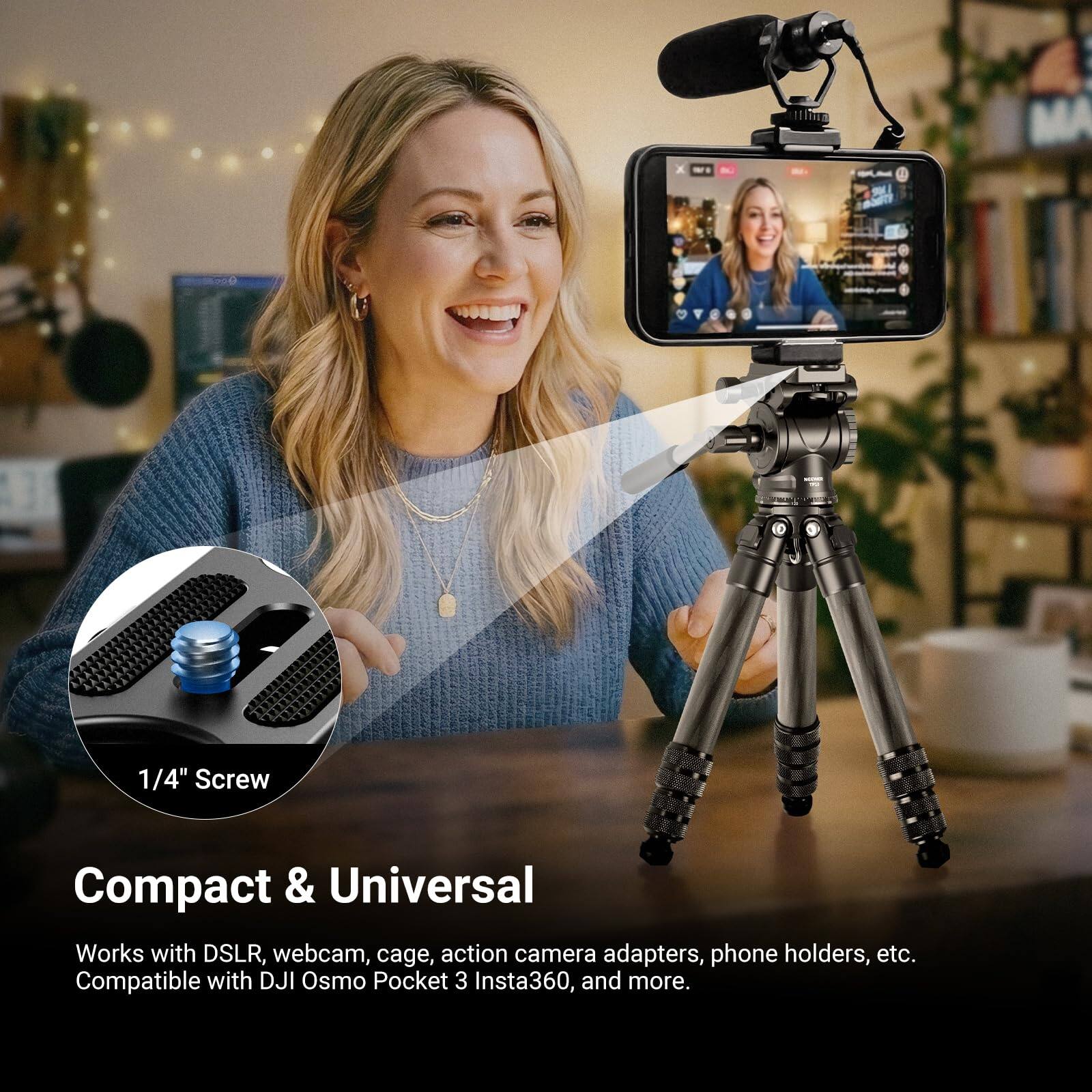1/4" Screw Compact & Universal

Works with DSLR, webcam, cage, action camera adapters, phone holders, etc. Compatible with DJI Osmo Pocket 3 Insta360, and more.