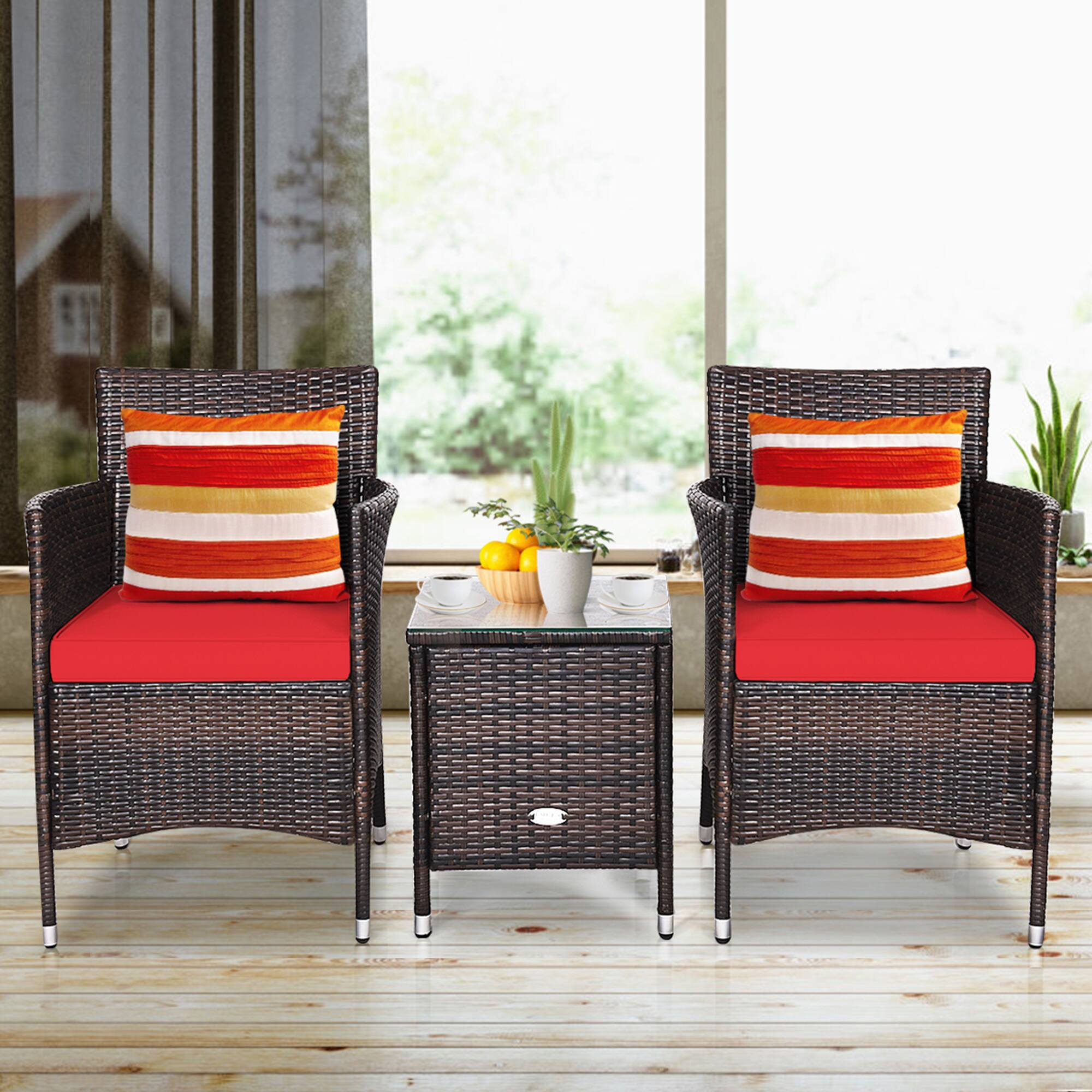 Alt View 5. Gymax - Gymax 3PCS Patio Rattan Chair & Table Furniture Set Outdoor w/ Red Cushion - Red.