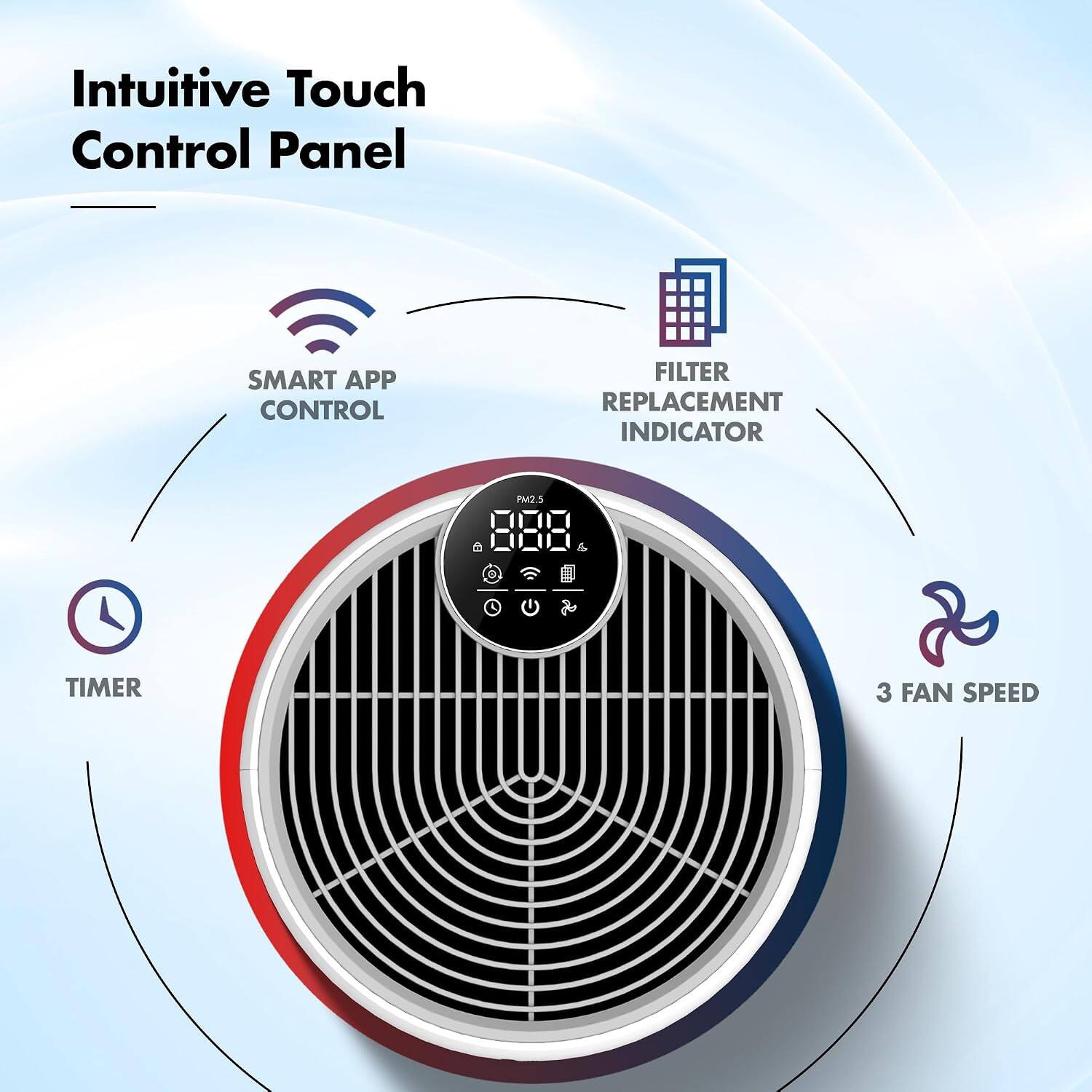 Intuitive Touch Control Panel

SMART APP CONTROL

FILTER REPLACEMENT INDICATOR

PM2.5

TIMER

3 FAN SPEED