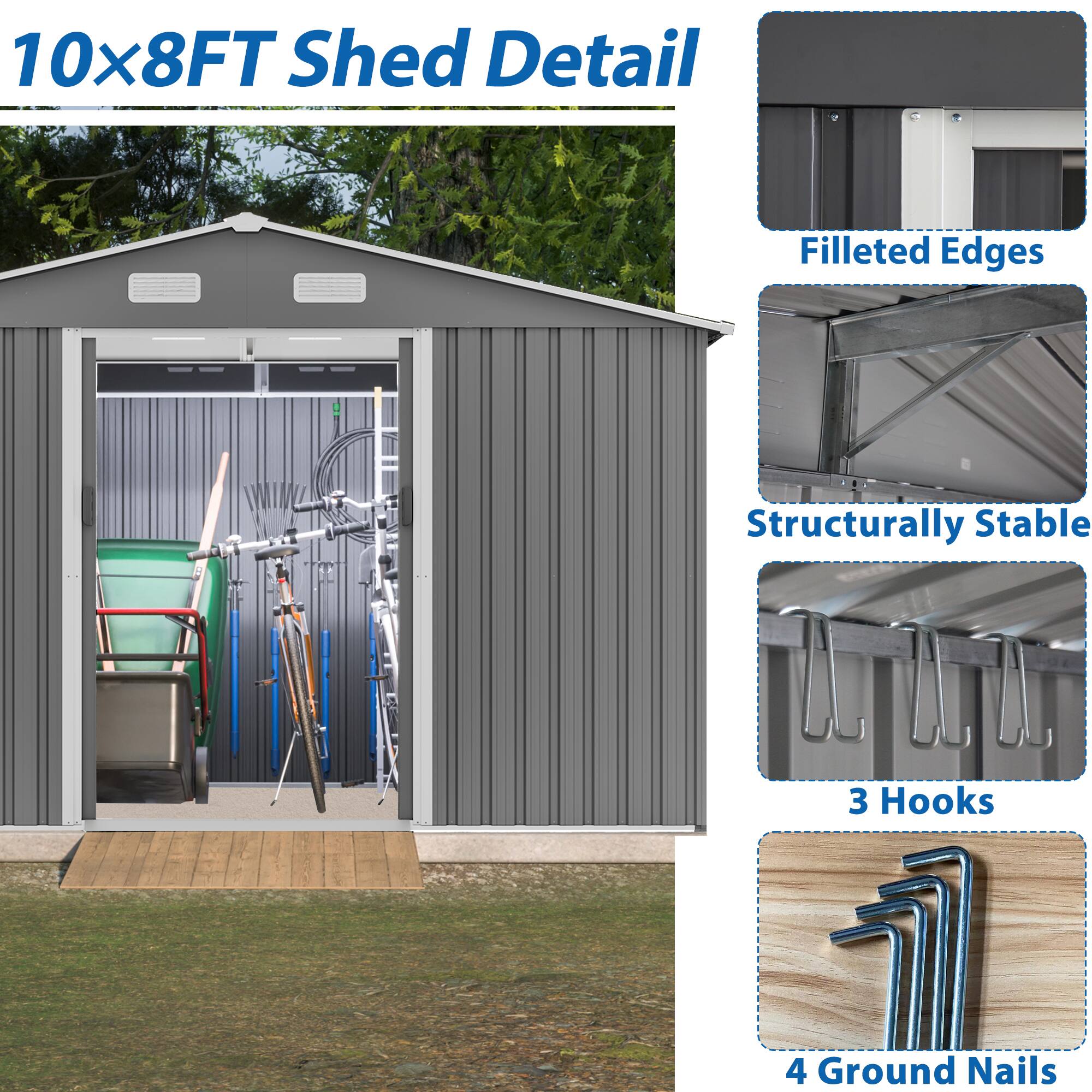 10x8FT Shed Detail

- Filleted Edges
- Structurally Stable
- 3 Hooks
- 4 Ground Nails