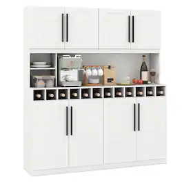 Gymax - 63'' Wide Kitchen Buffet Hutch w/4 Cabinets 2 Open Shelves & 12-Bottle Wine Rack - White