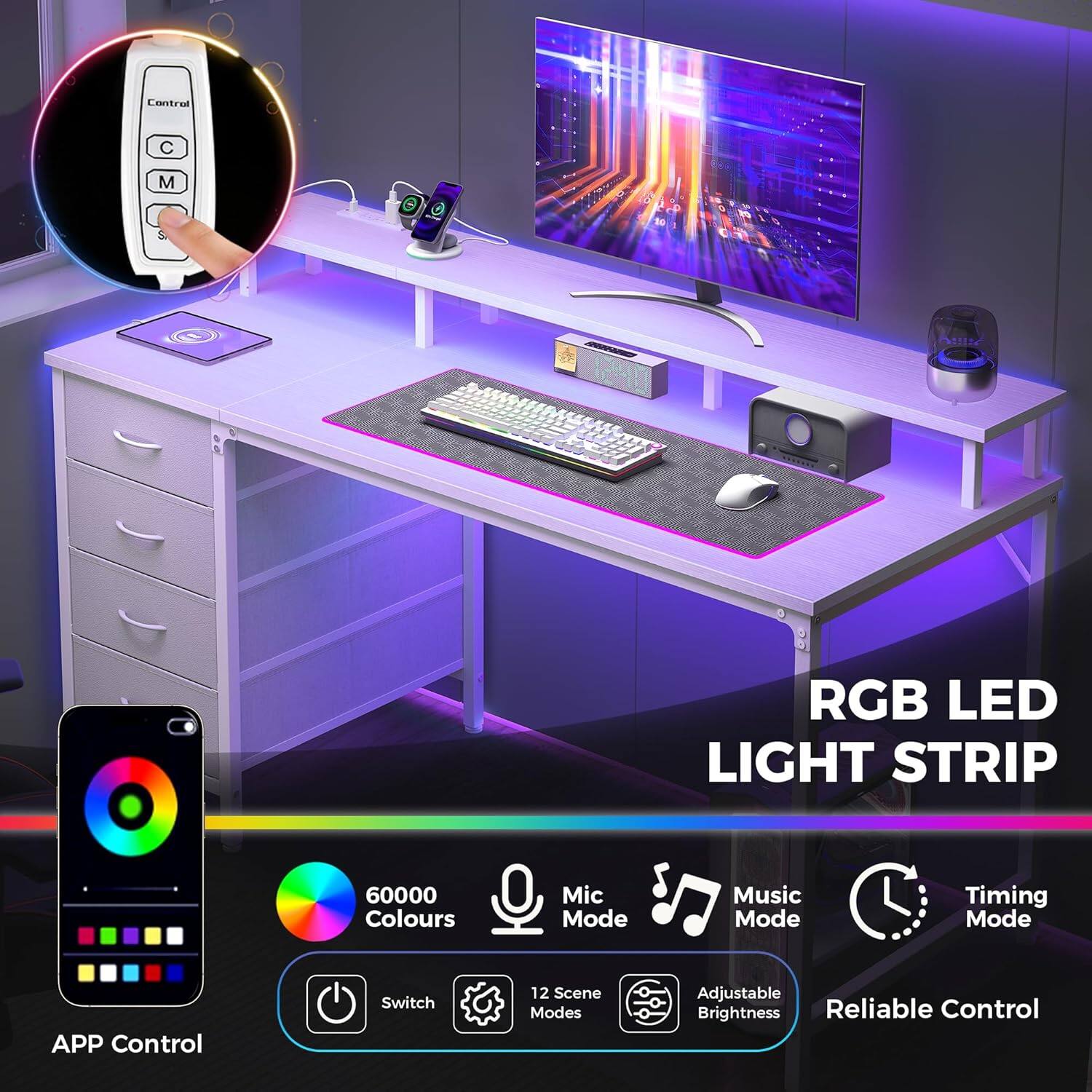 Contral M 1 RGB LED LIGHT STRIP  
60000 Colours  
Mic Mode  
Music Mode  
Timing Mode  
APP Control  
Switch  
12 Scene Modes  
Adjustable Brightness  
Reliable Control