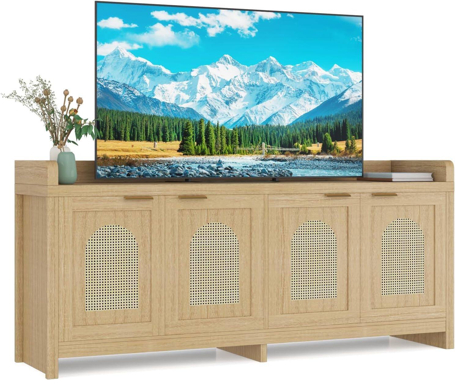 Front. GAOMON - Modern Rattan TV Stand Entertainment Center with Glass Doors - for TVs Up to 65 Inch, 61.5" Storage Console Cabinet - Natural.