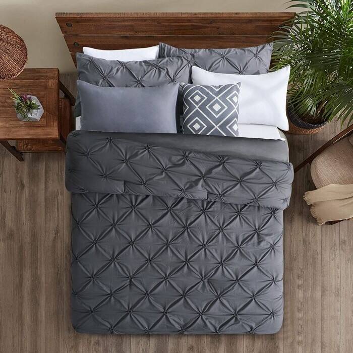Left. Hivvago - Full/Queen Size All Season Pleated Hypoallergenic Microfiber Reversible 3 Piece Comforter Set in Gray - Gray.