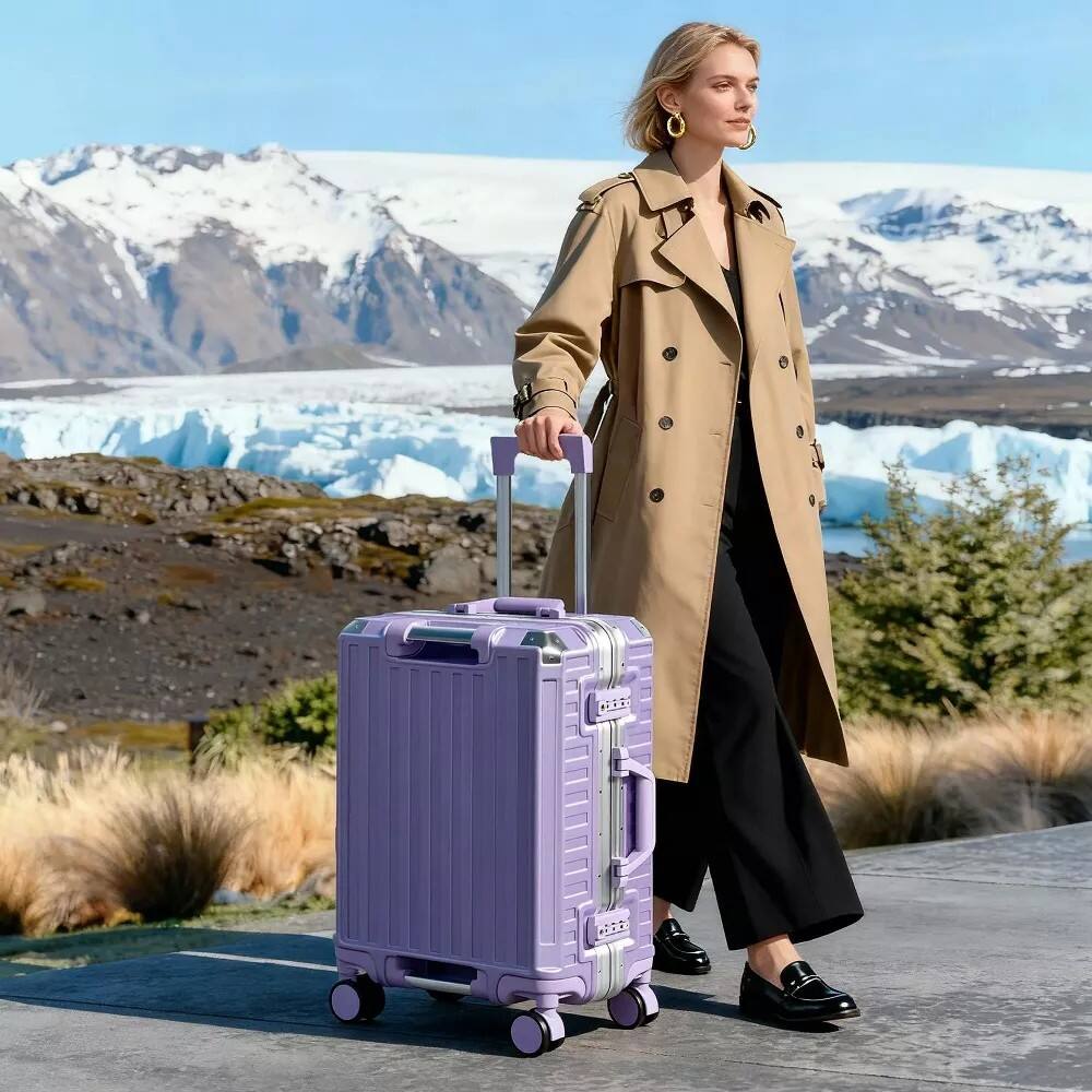 Back. SKONYON - 20" Zipperless Aluminum Frame Carry On Suitcase with Spinner Wheels and TSA Lock - Purple.