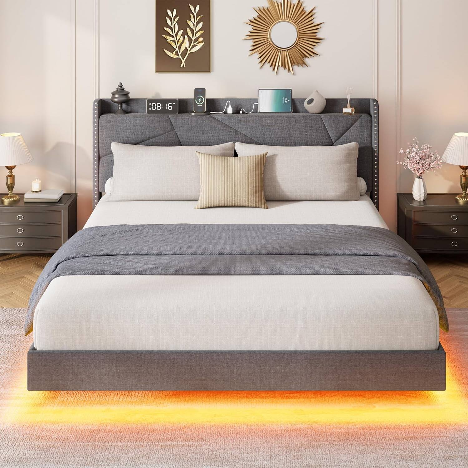 Left. Homhougo - King Floating Bed with LED Lights & USB, Upholstered, Storage Headboard, Grey – Elegant Bed with USB - Gray.