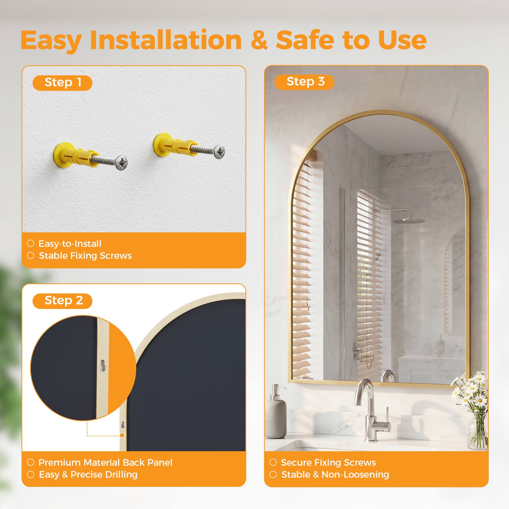 Easy Installation & Safe to Use

Step 1
- Easy-to-Install
- Stable Fixing Screws

Step 2
- Premium Material Back Panel
- Easy & Precise Drilling

Step 3
- Secure Fixing Screws
- Stable & Non-Loosening