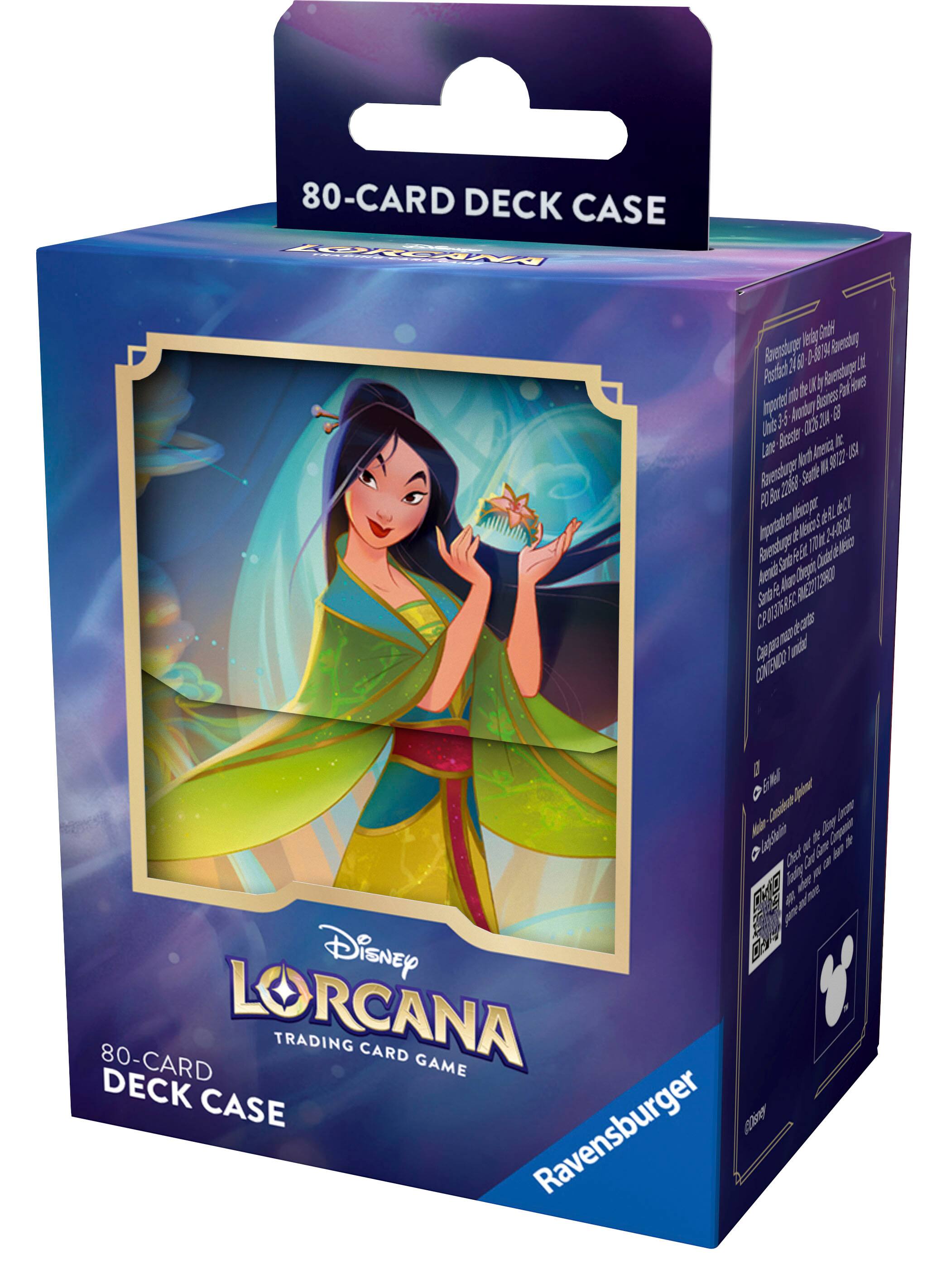 The image features a card deck case for the Disney Lorcana trading card game. The case is designed to hold 80 cards, making it an ideal storage solution for collectors and enthusiasts. The case is made by Ravensburger, a well-known brand in the gaming industry. The card deck case is designed to protect the cards from damage and keep them organized, making it a popular choice among fans of the game.