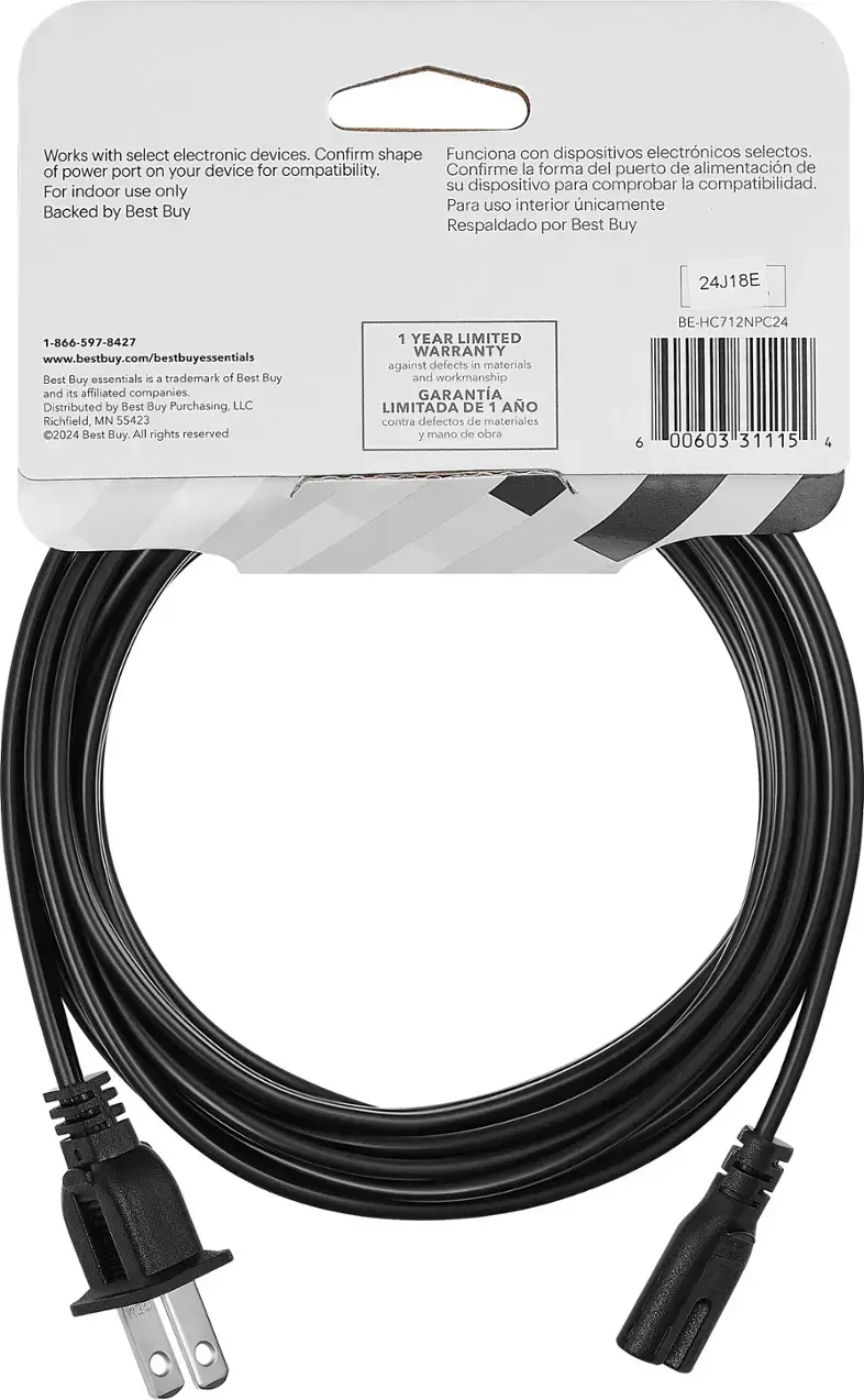 The text on the image reads:

"Works with select electronic devices. Confirm shape of port on your device for compatibility. For indoor use only. Backed by Best Buy. 24J18E 1-866-597-8427 [www.bestbuy.com/bestbuyessentials](http://www.bestbuy.com/bestbuyessentials). Best Buy essentials is a trademark of Best Buy and its affiliated companies. Distributed by Best Buy Purchasing, LLC Richfield, MN 55423. 2024 Best Buy. All rights reserved. 1 YEAR LIMITED WARRANTY against defects in materials and workmanship. BE-HC712NPC24 6 00603 31115 4."