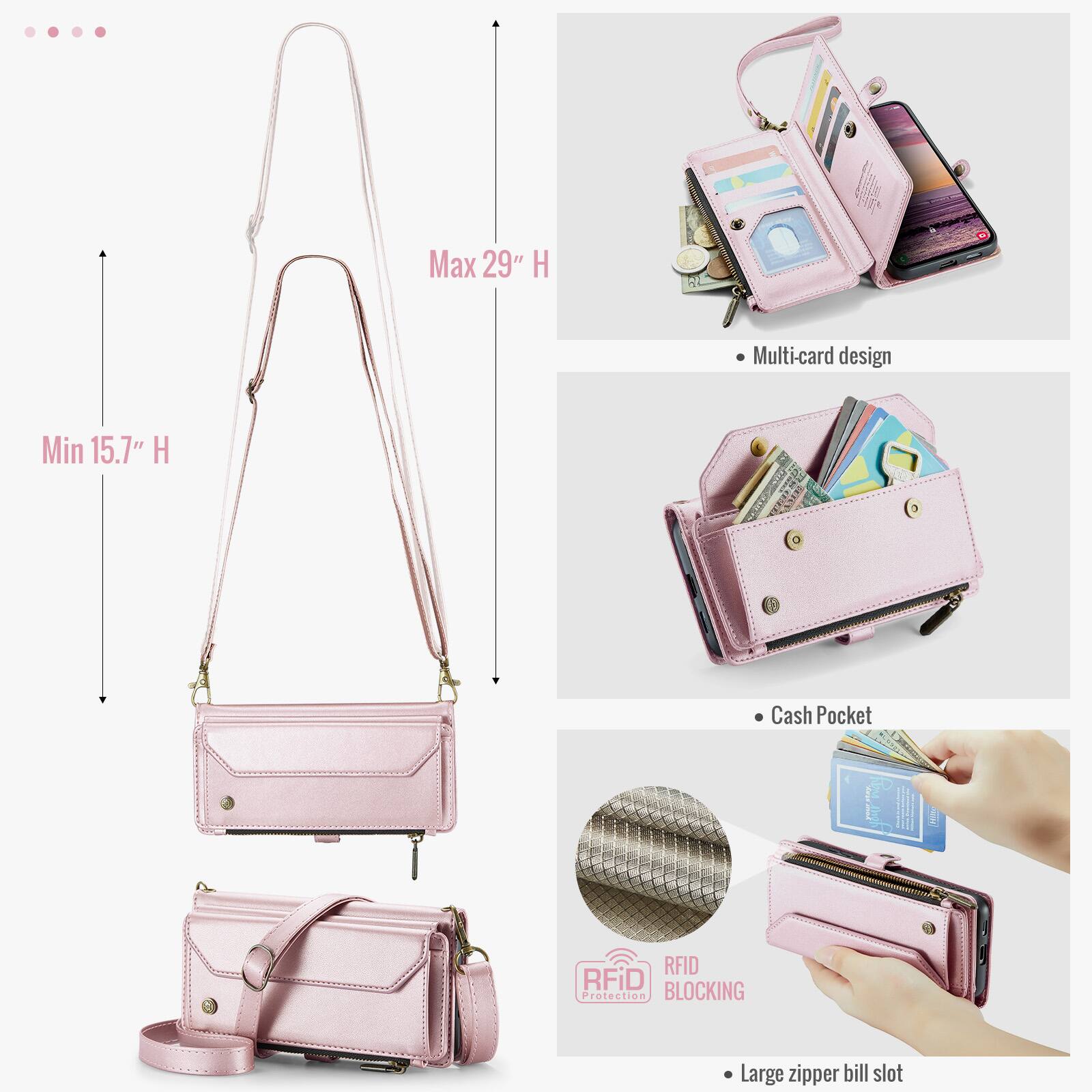 Max 29" H  
Min 15.7" H  
Multi-card design  
Cash Pocket  
RFID BLOCKING Protection  
Large zipper bill slot
