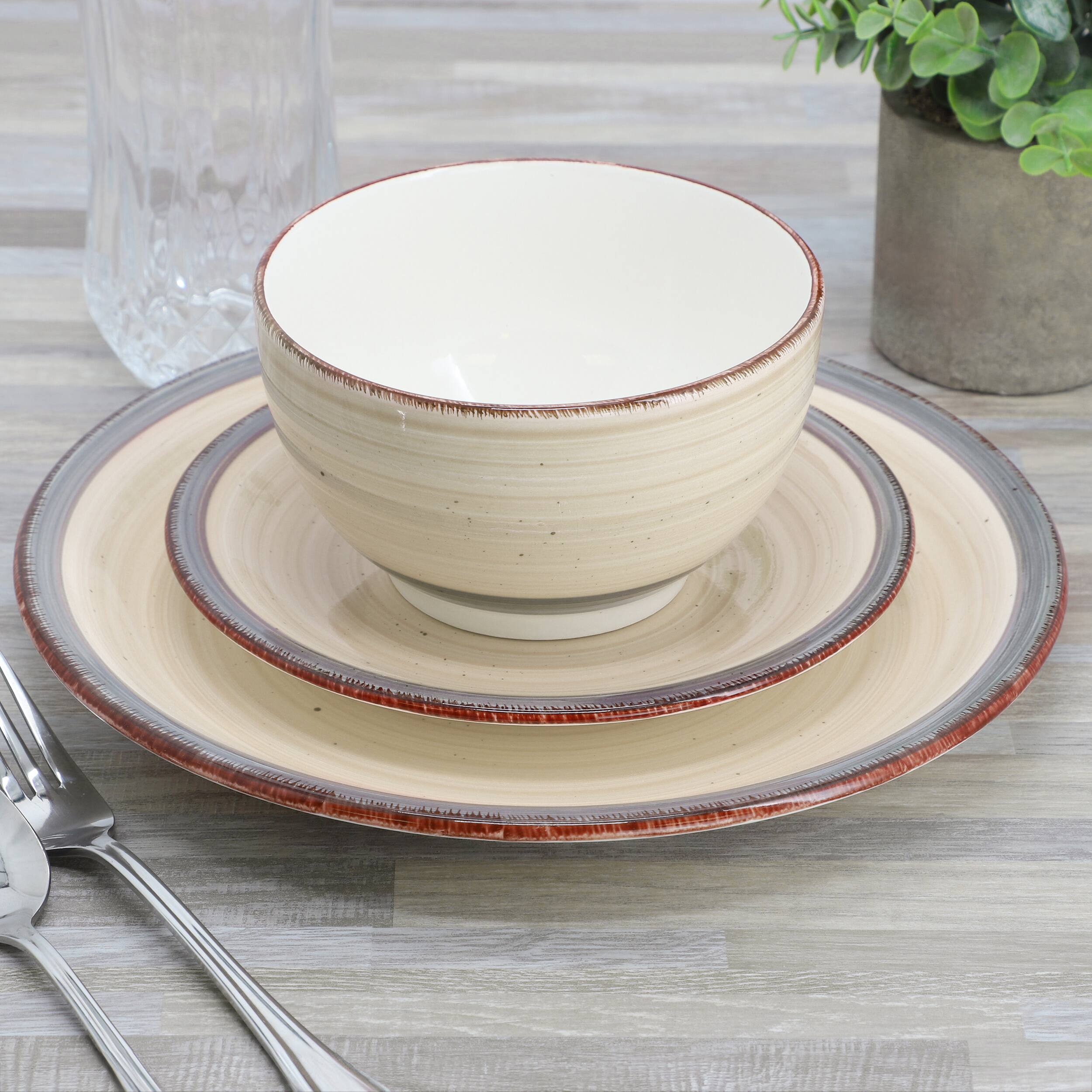 Alt View 6. Gibson - Gibson Home Holcomb 12 Piece Ceramic Dinnerware Set in Beige - Beige.