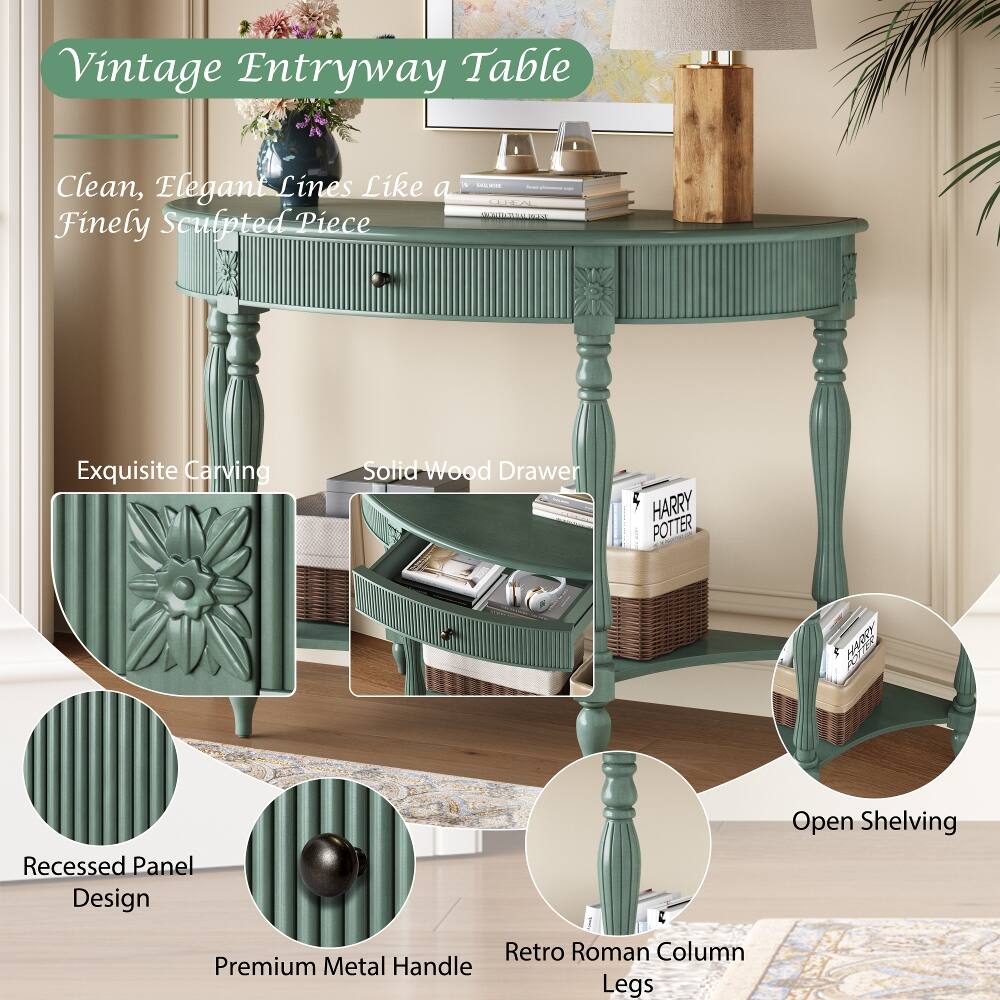 Vintage Entryway Table

Clean, Elegant Lines Like a Finely Sculpted Piece

Exquisite Carving

Solid Wood Drawer

Recessed Panel Design

Open Shelving

Premium Metal Handle

Retro Roman Column Legs