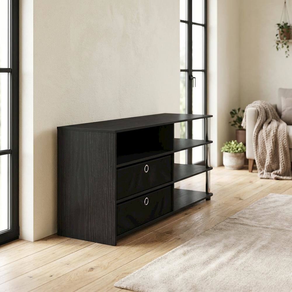 Alt View 2. FurniFact - Wood TV stand for up to 55-inch with storage bins, stainless steel accents - Black.