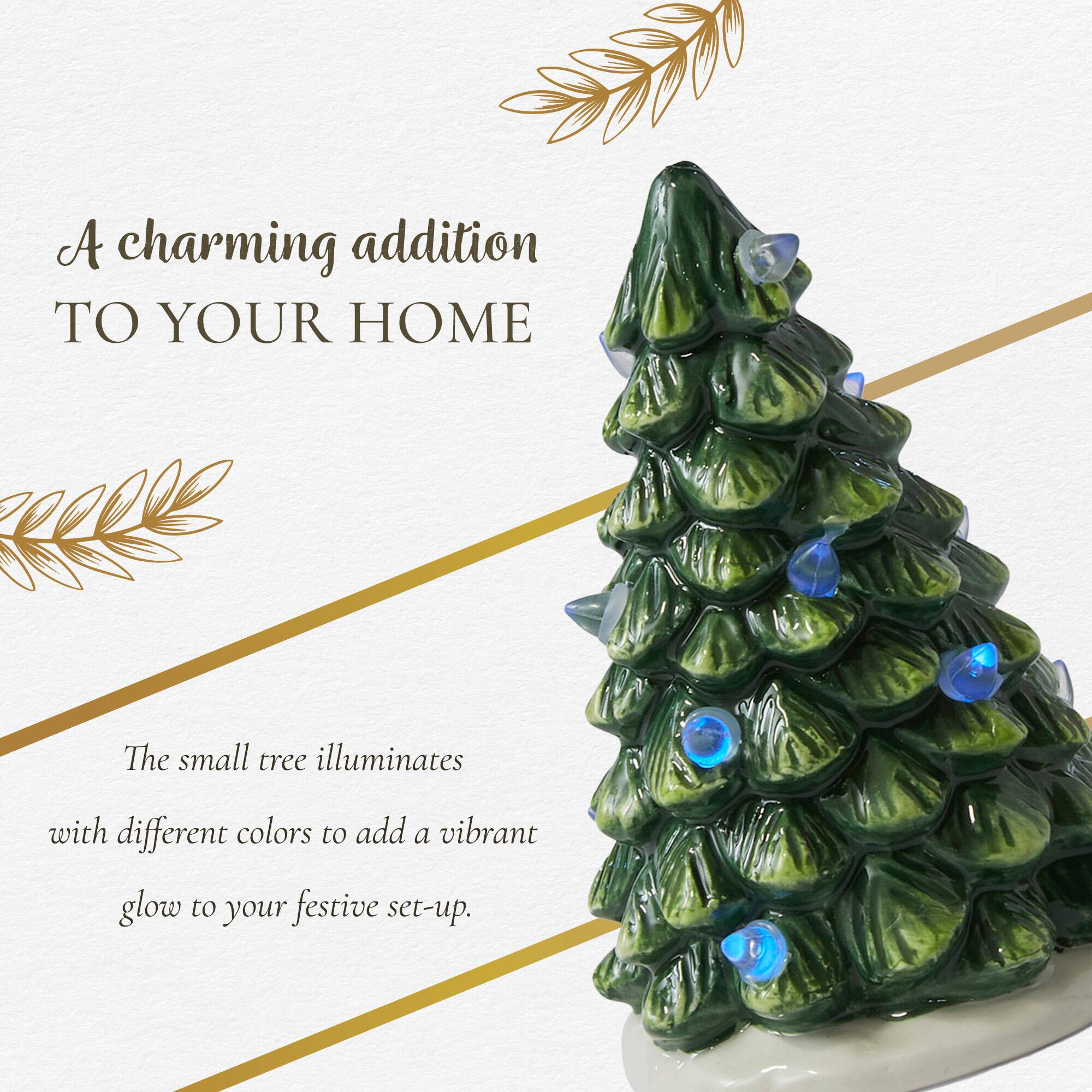 A charming addition to your home. The small tree illuminates with different colors to add a vibrant glow to your festive set-up.