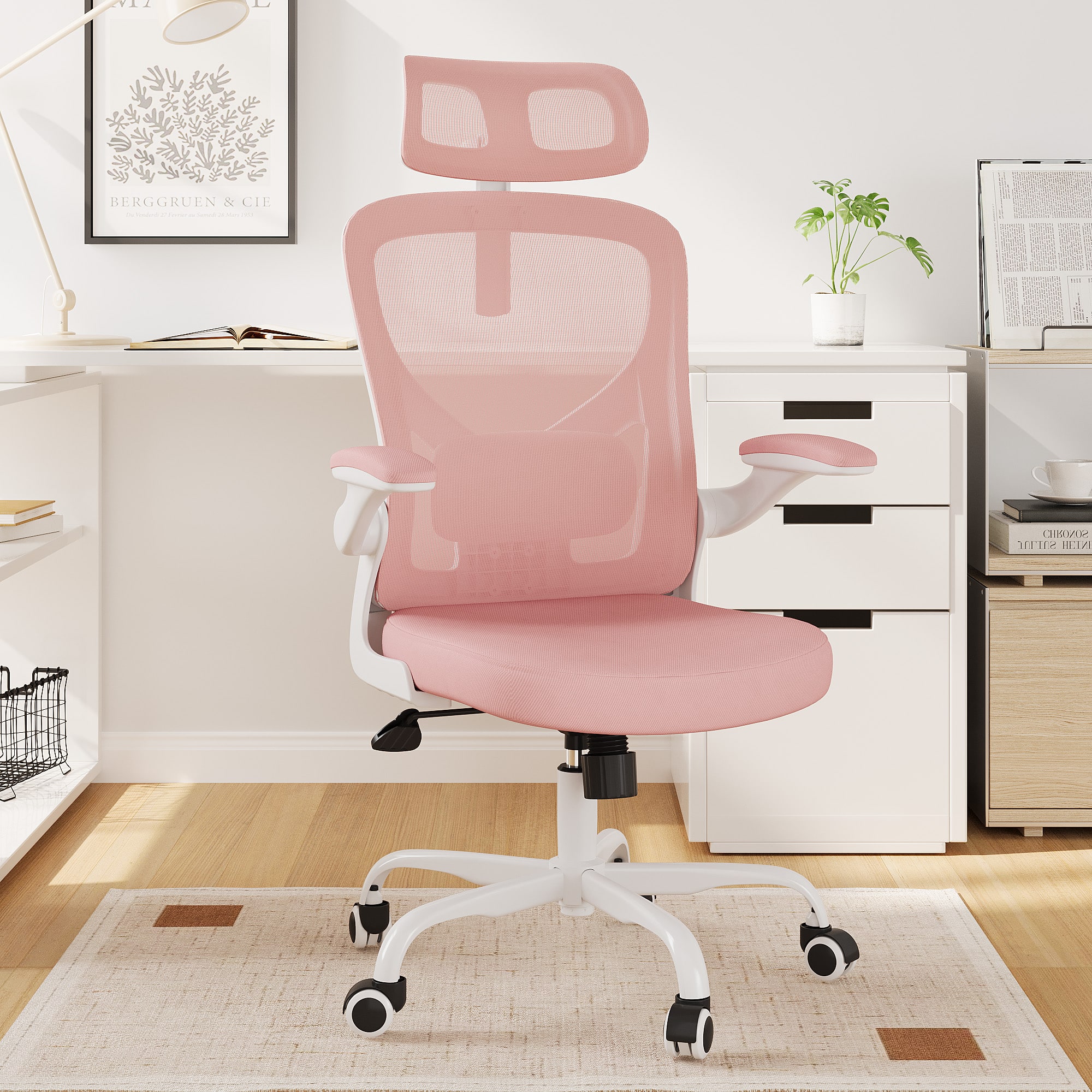 Lirago - Ergonomic Home Office Chair Adjustable Lumbar Support Headrest Breathable Mesh Flip Up Armrests - Pink