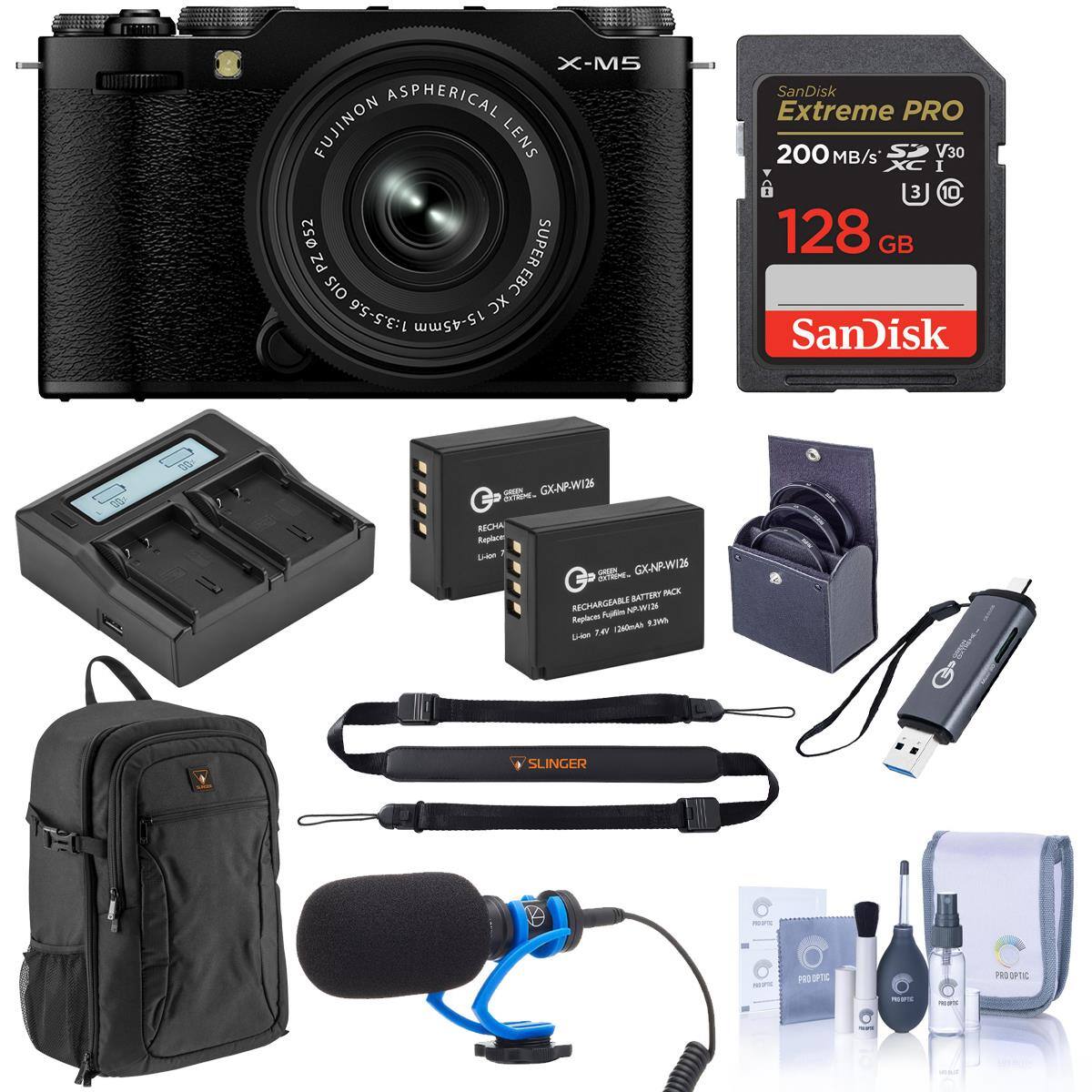X-M5 ASPHERICAL FUJINON LENS 52 SUPER PZ OIS EBC 1:3.5-5.6 XC 15-45mm

SanDisk Extreme PRO 200 MB/s S V30 I 6 10 128 GB

SanDisk - GXNP-W12

aT RECHA Roptee L - OX-NP-W12

aTi BATTERY WACK RECHARGEABLE

Ain NAWIN

Aaplcan

AWLS

T4

L

2

SLINGER

PO

T

PS

OPTIC