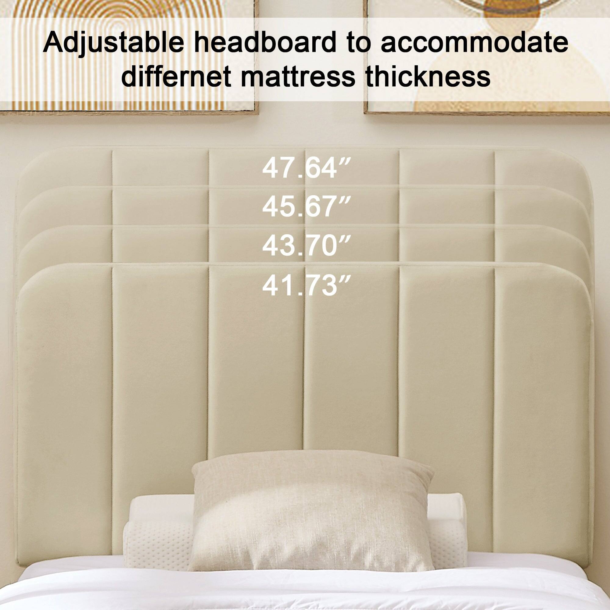 Adjustable headboard to accommodate different mattress thickness

47.64"
45.67"
43.70"
41.73"