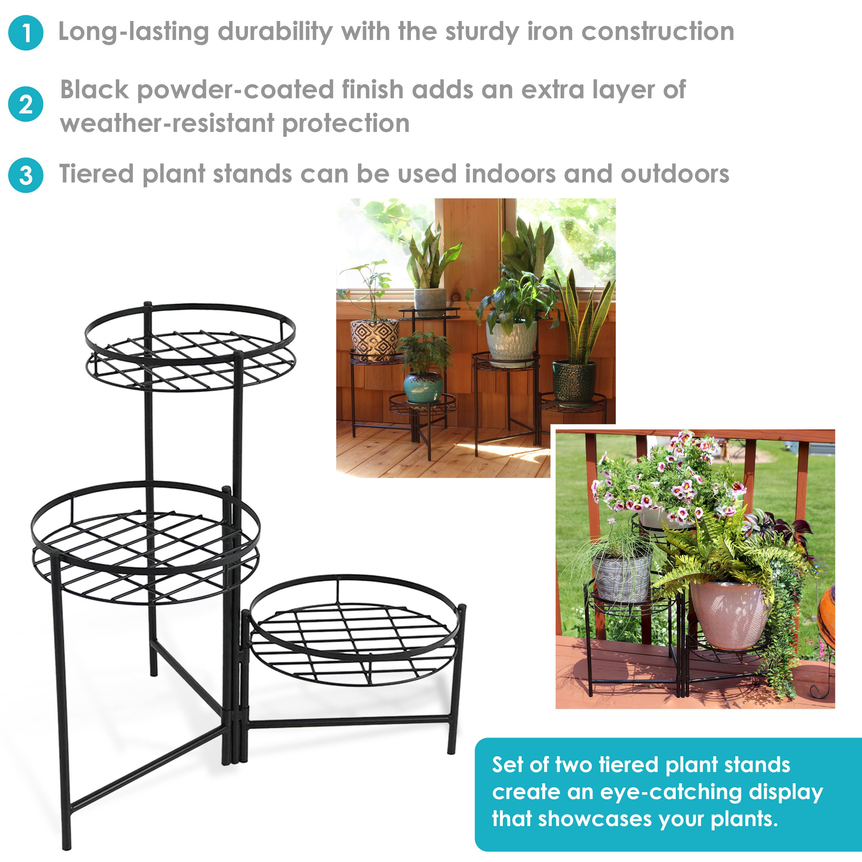 1. Long-lasting durability with the sturdy iron construction
2. Black powder-coated finish adds an extra layer of weather-resistant protection
3. Tiered plant stands can be used indoors and outdoors

Set of two tiered plant stands create an eye-catching display that showcases your plants.