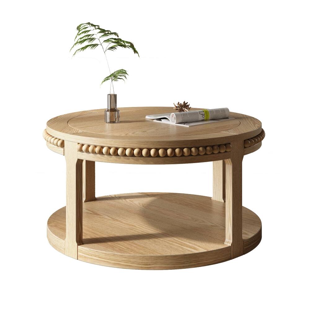 Alt View 6. Loheer - Loheer 31.5 inch round solid wood coffee table Two-Tier Open Storage - Natural Wood.
