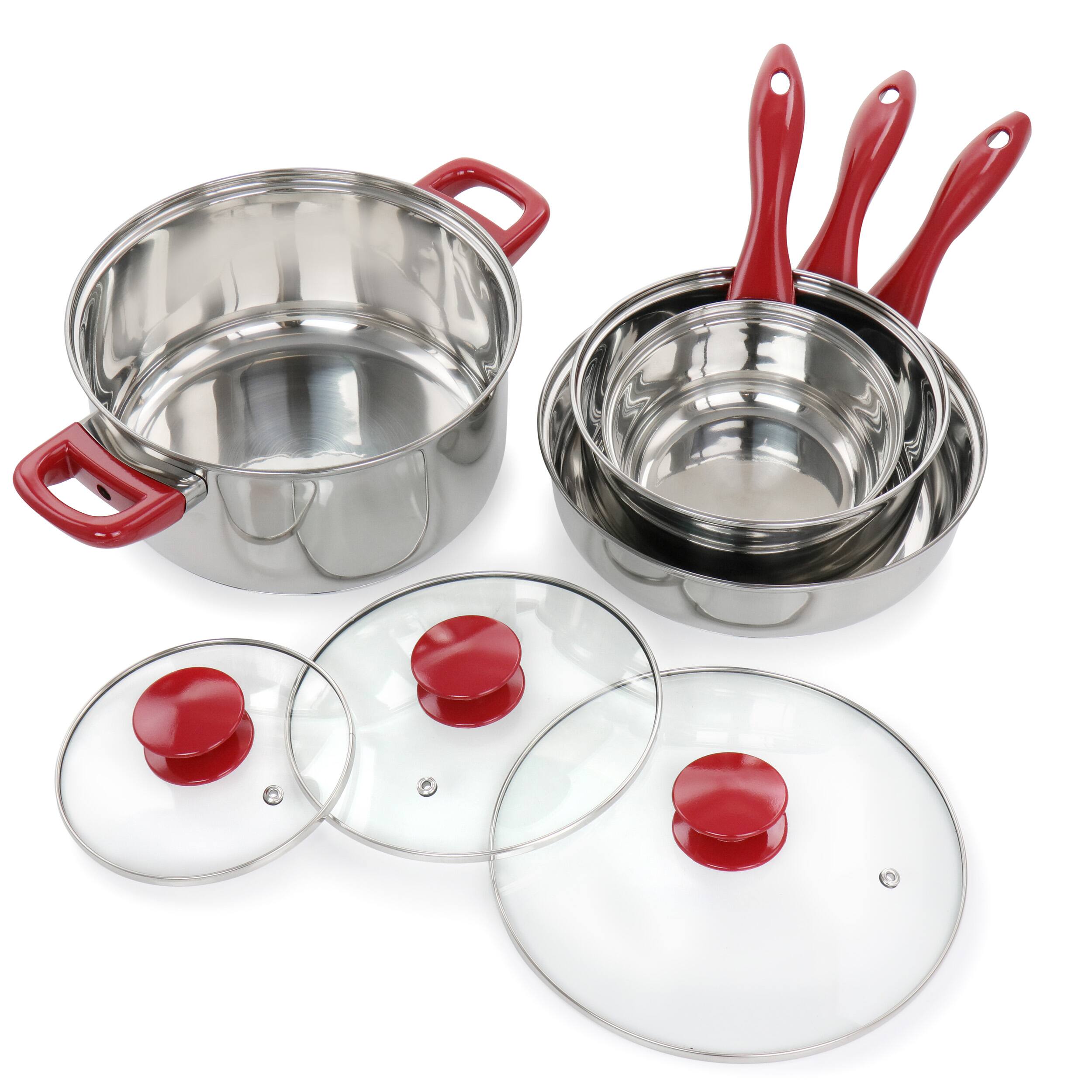 Alt View 1. Gibson - Gibson Home Crawson 7 Piece Stainless Steel Cookware Set in Chrome with Red Handles - Silver.