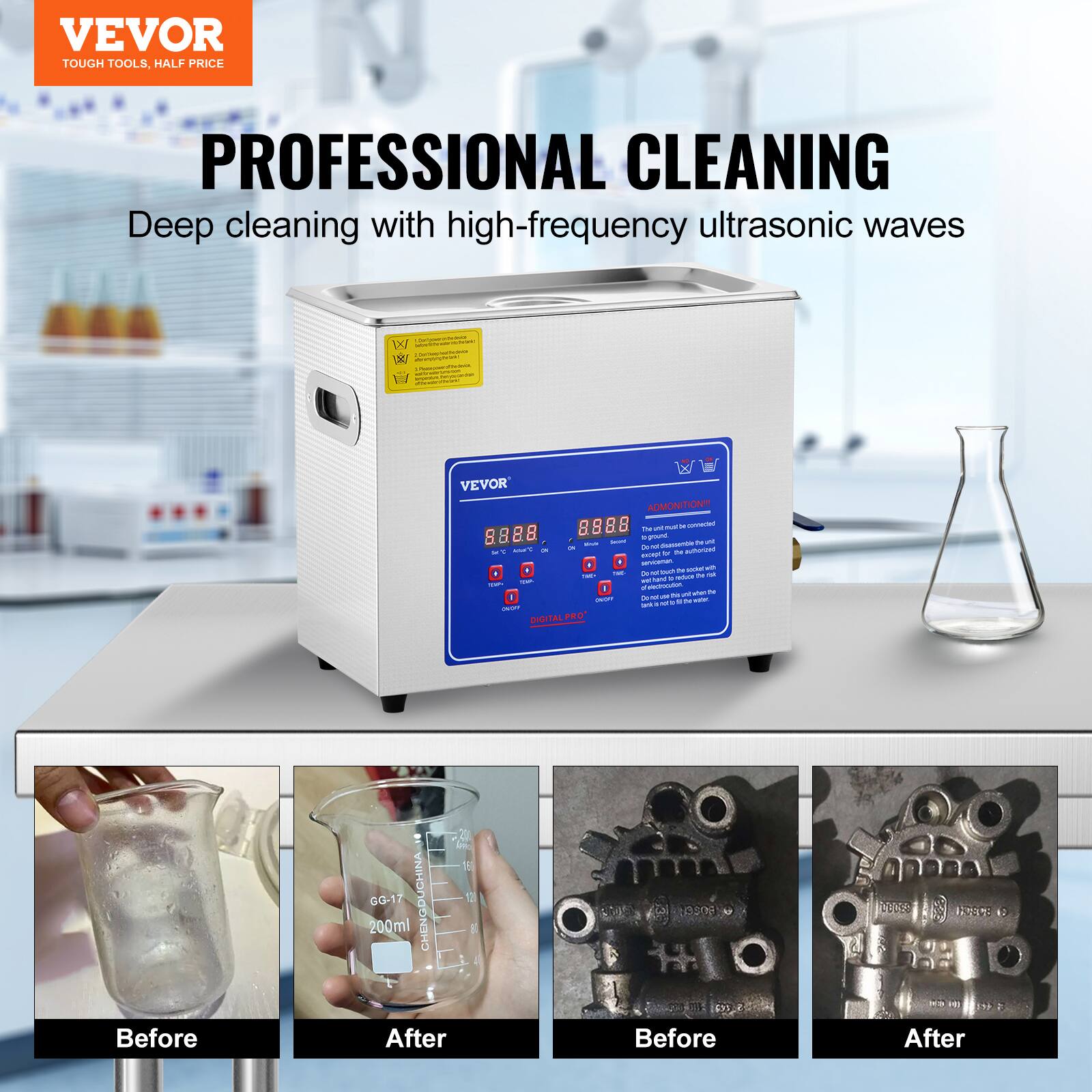 VEVOR TOUGH TOOLS, HALF PRICE PROFESSIONAL CLEANING  
Deep cleaning with high-frequency ultrasonic waves  

VEVOR ADMONITION 8888  

SIGITA HRO CG-17 CHENGDUGHINA 200ml  

Before After  
Before After