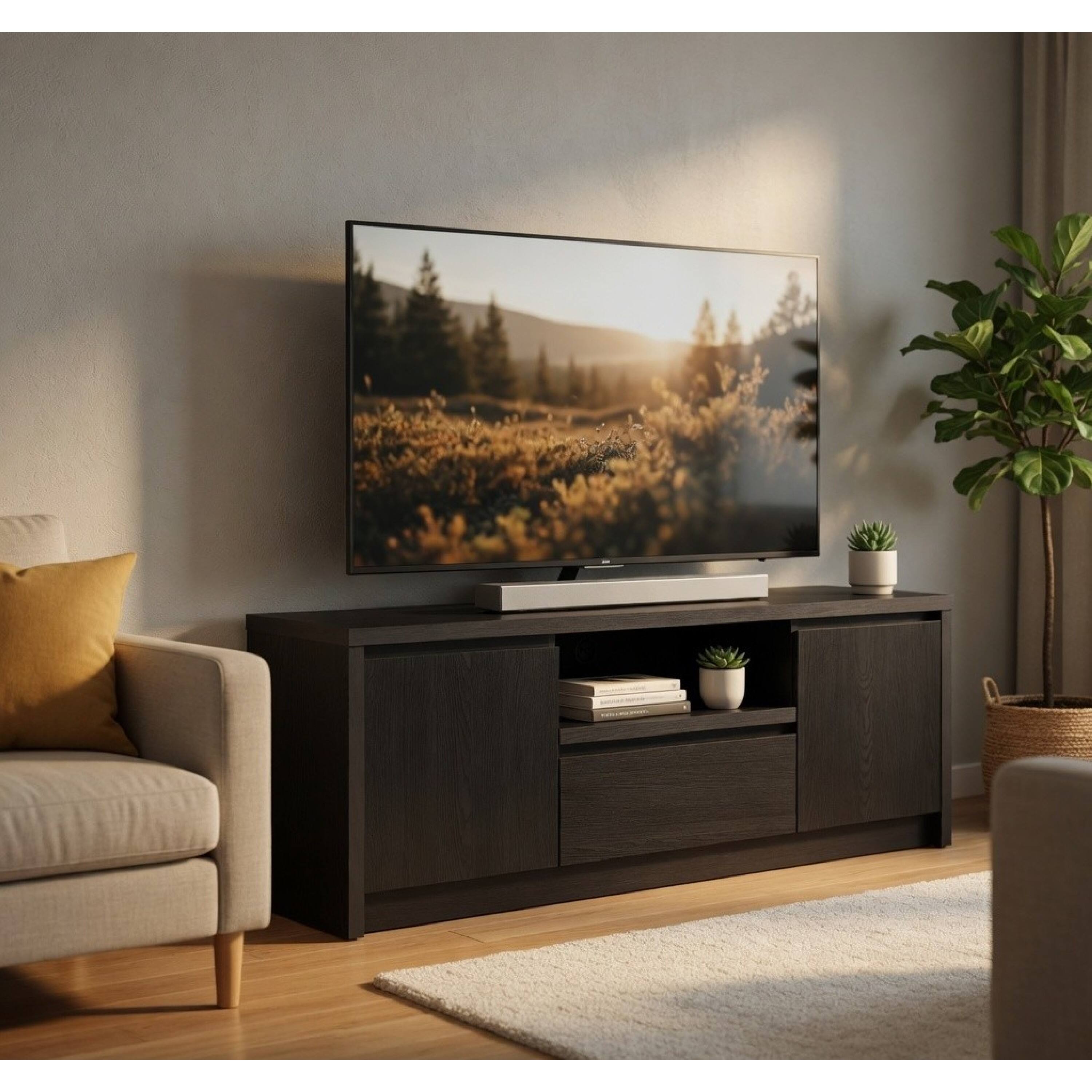 Alt View 8. Manhattan Lane - Winie TV Stand Media Console, 2 Doors, Open Shelf, Black Wood 60 Inch - Black.