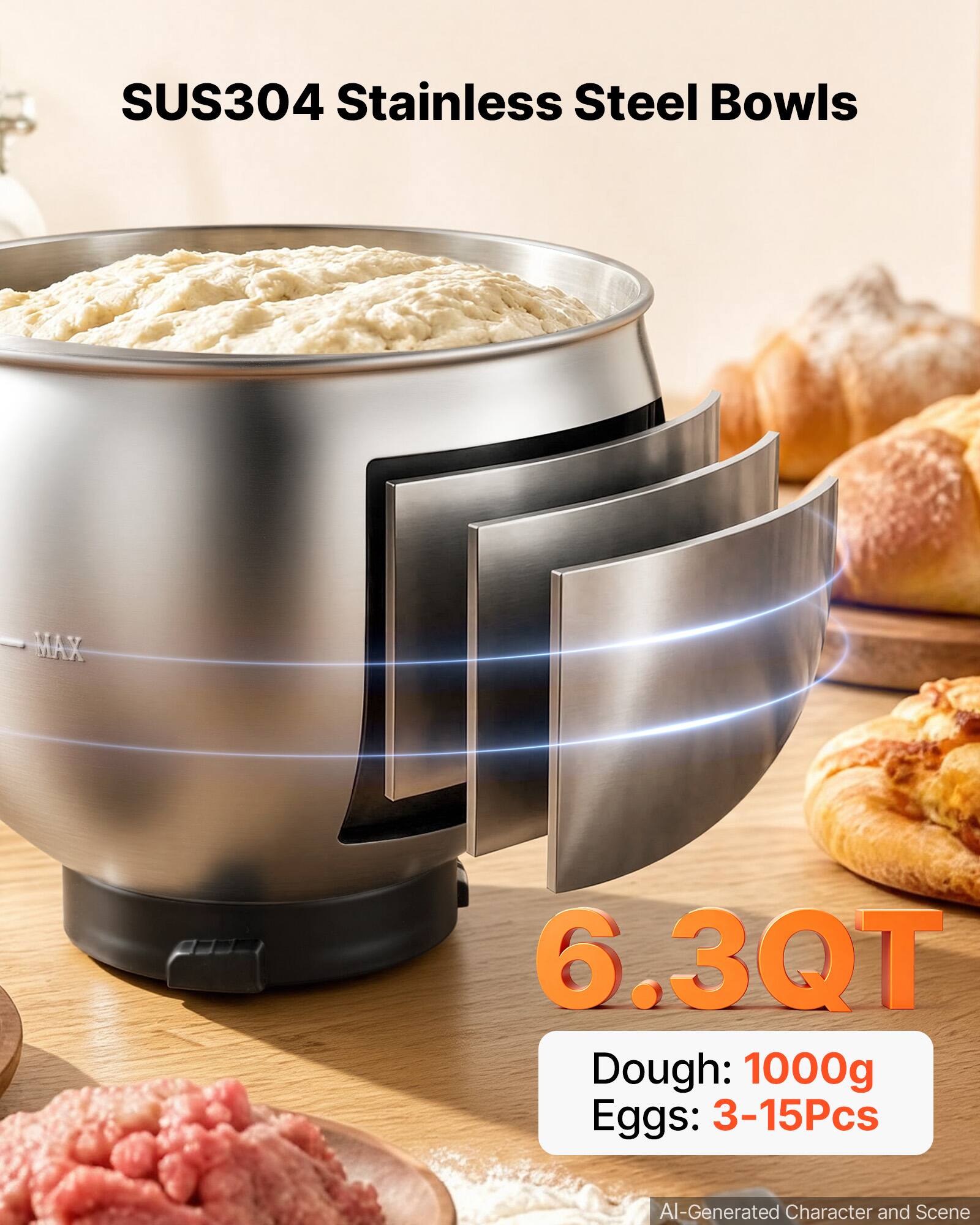 SUS304 Stainless Steel Bowls  
MAX 6.3QT  
Dough: 1000g  
Eggs: 3-15Pcs  
AI-Generated Character and Scene