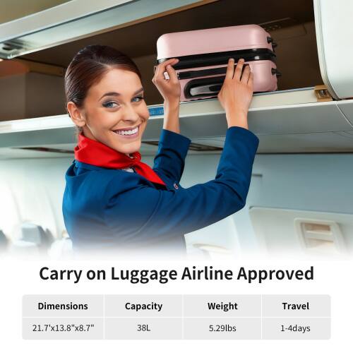 Carry on Luggage Airline Approved

Dimensions: 21.7" x 13.8" x 8.7"
Capacity: 38L
Weight: 5.29lbs
Travel: 1-4 days