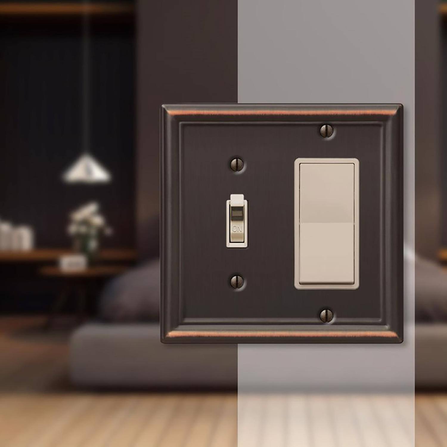 Left. AMERELLE - Amerelle Chelsea Aged Bronze 2 gang Stamped Steel Decorator/Toggle Wall Plate 1 pk - Bronze.