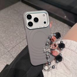 Dteck - Shockproof Wave Texture Phone Case for Apple iPhone 17 Pro Max with Pearl Beaded Wrist Strap, Magnetic Protective Cover - Darkgray
