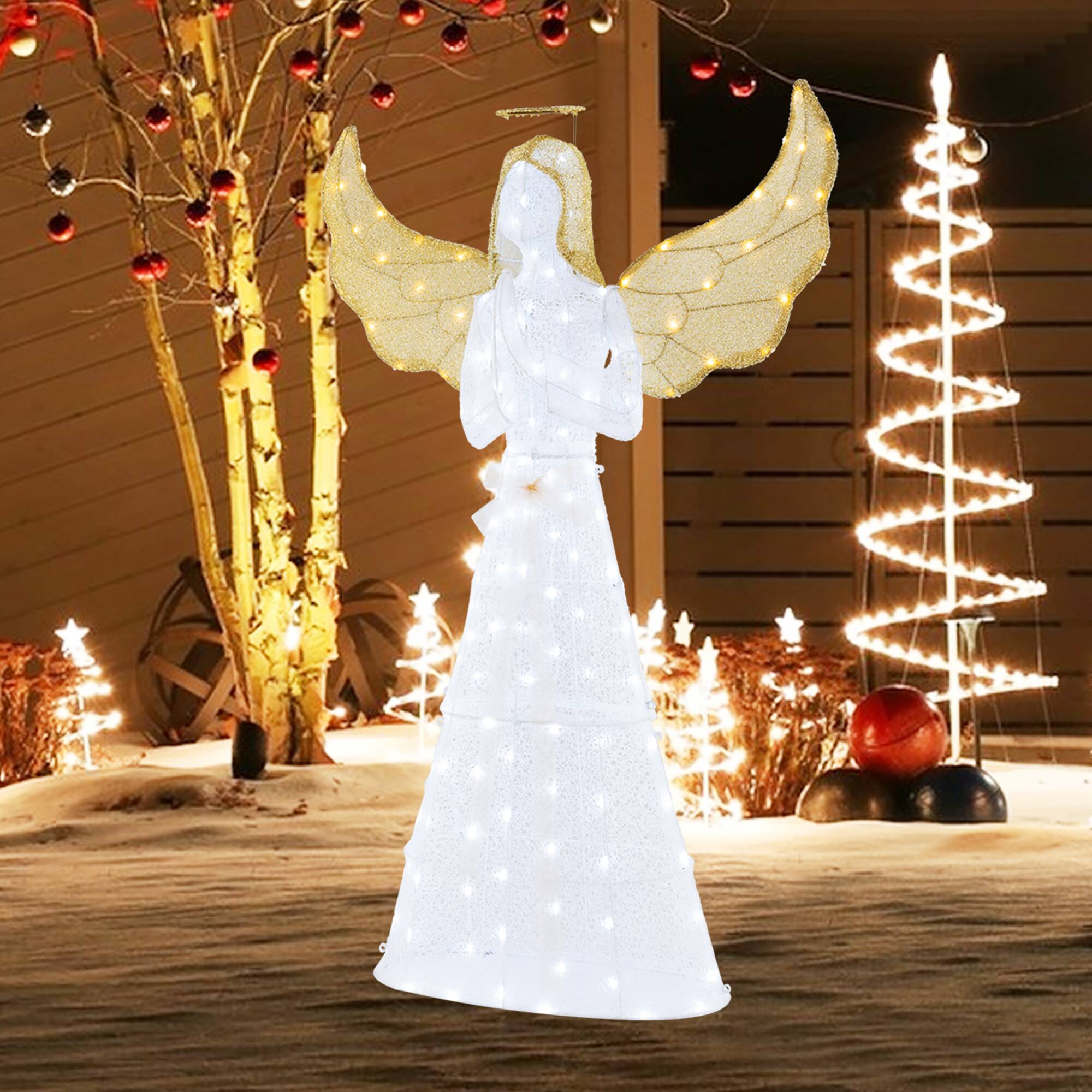 Alt View 3. Gymax - Gymax 5 ft Festive Pre-Lit Angel w/ Halo Wings & 150 LED Lights Zip Ties Ground Stakes - White.