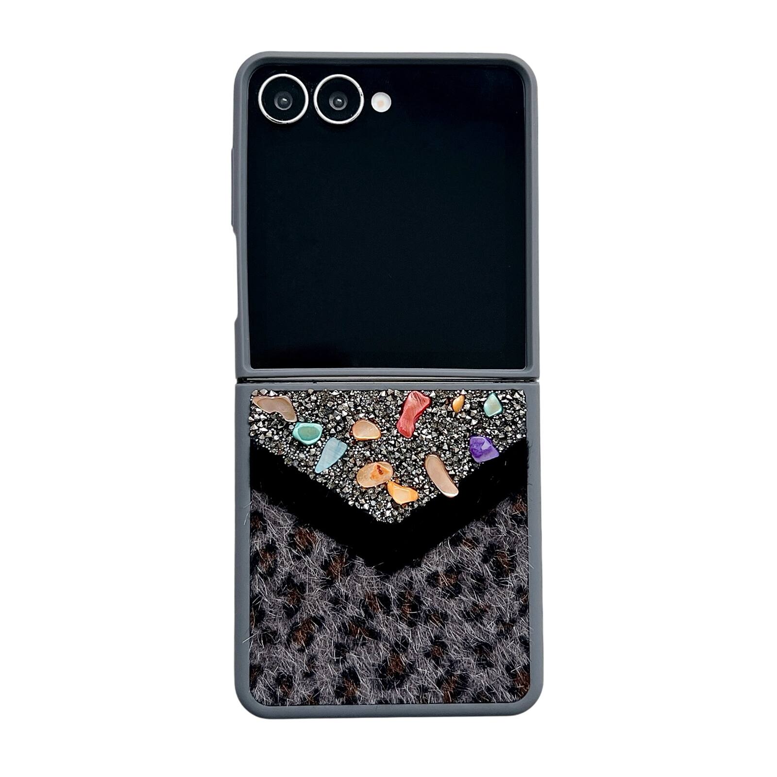 Angle. Dteck - Shockproof Phone Case for Samsung Galaxy Z Flip7 with Beaded Wrist Strap, Glitter Rhinestone Hard PC Protective Cover - Black.