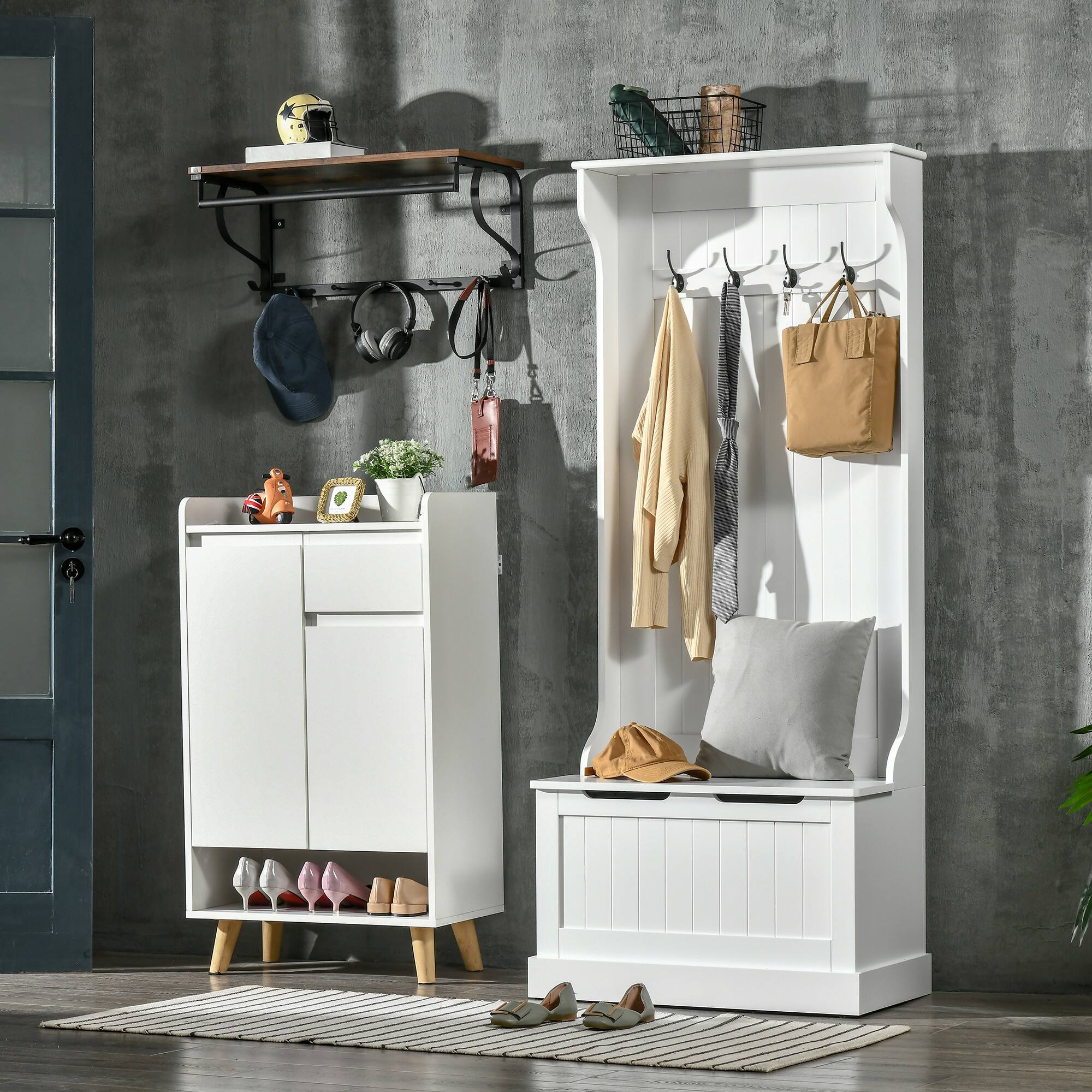 Alt View 1. Homcom - 3-In-1 Hall Tree with Shoe Storage, Standing Coat Rack with Shoe Bench, Entryway Organizer with Four Hooks - White.