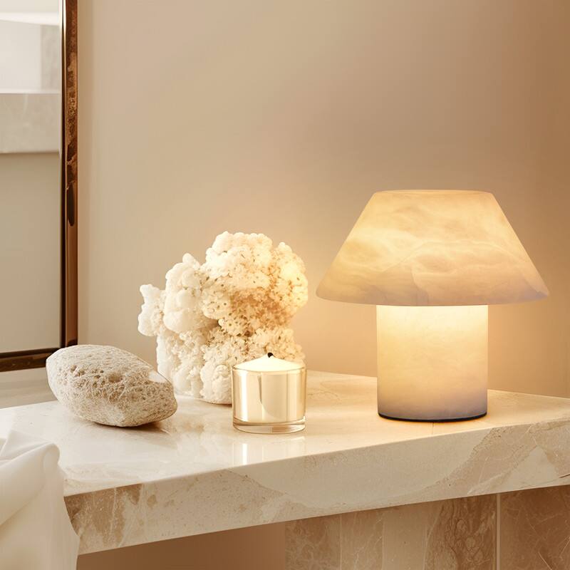 Angle. Brightech - Alora LED Stone Modern Industrial Empire Bedside Nightstand Desk Lamp - Marbled Natural White Alabaster.