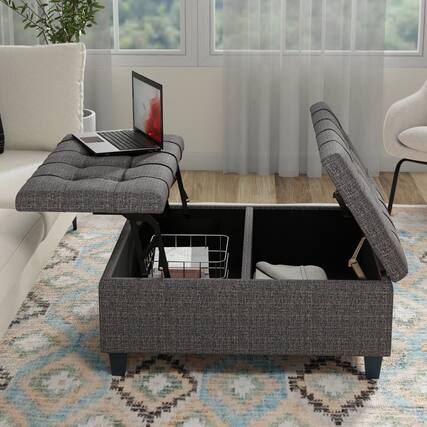 Front. Simpli Home - Harrison 36 inch Wide Upholstered Solid Wood Square Storage Ottoman, Warm Dark Charcoal Melange - Warm Dark Charcoal Melange.