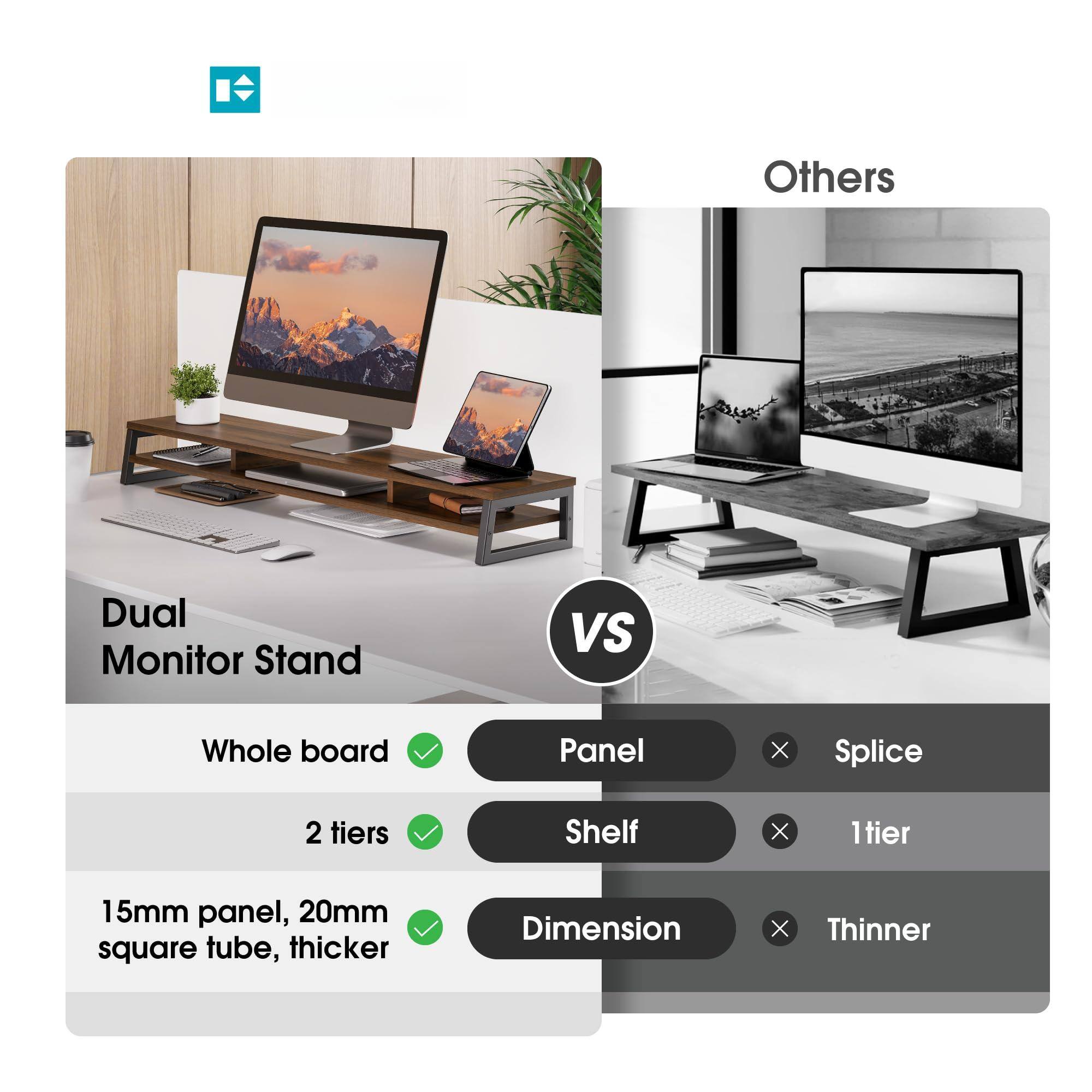 Dual Monitor Stand  
- Whole board  
- 2 tiers  
- 15mm panel, 20mm square tube, thicker  

VS  

Others  
- Panel  
- Shelf  
- Dimension  

- Splice  
- 1 tier  
- Thinner