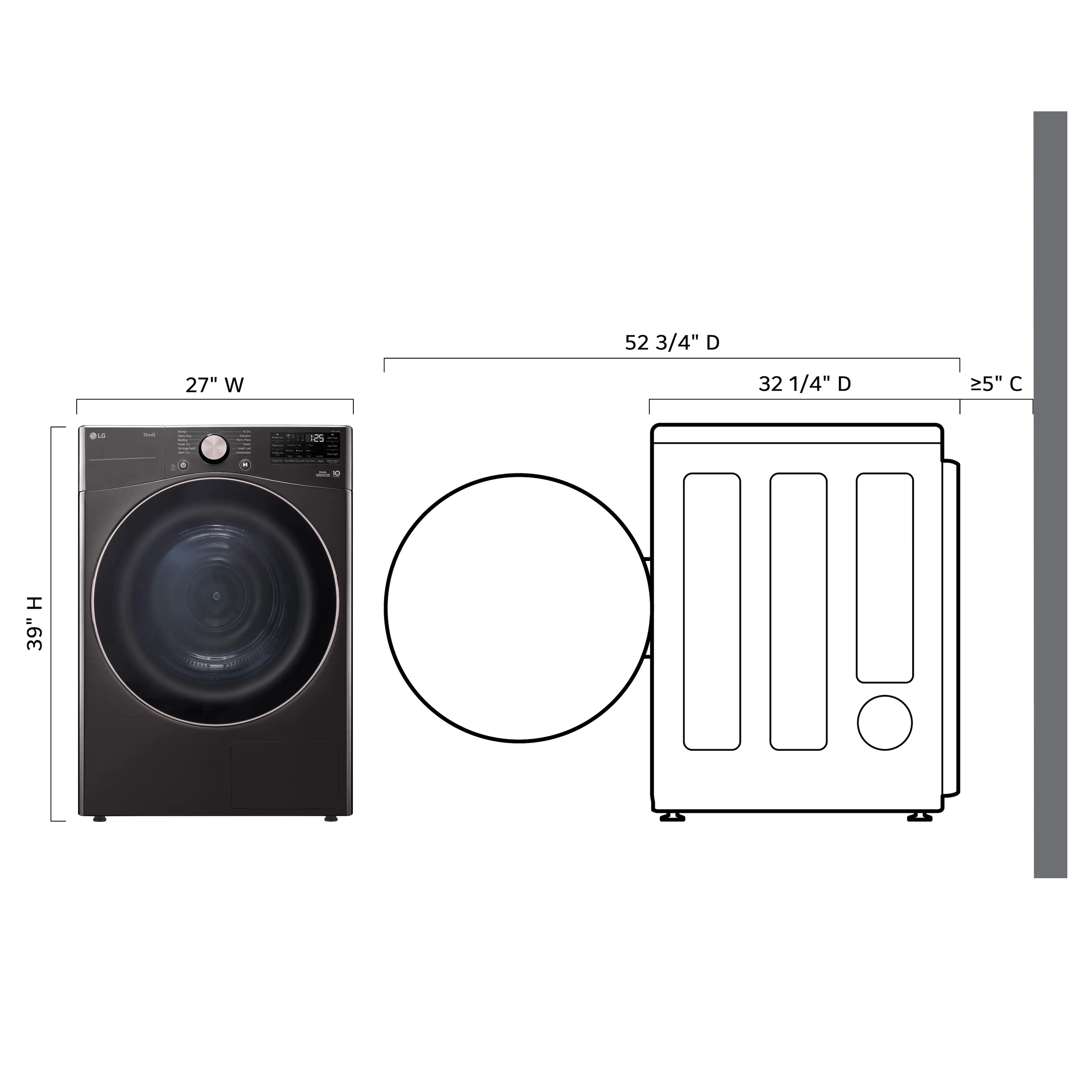 The text on the image reads: 52 3/4" D 27" W 32 1/4" D 25"  .L - D & I 39". This text is describing the dimensions of a washing machine and a dryer. The washing machine has a height of 52 3/4" and a width of 27". The dryer has a height of 32 1/4" and a width of 25". The text also includes the abbreviation "D & I" which stands for "drying and ironing." The overall dimensions of the washing machine and dryer are 39" in height.