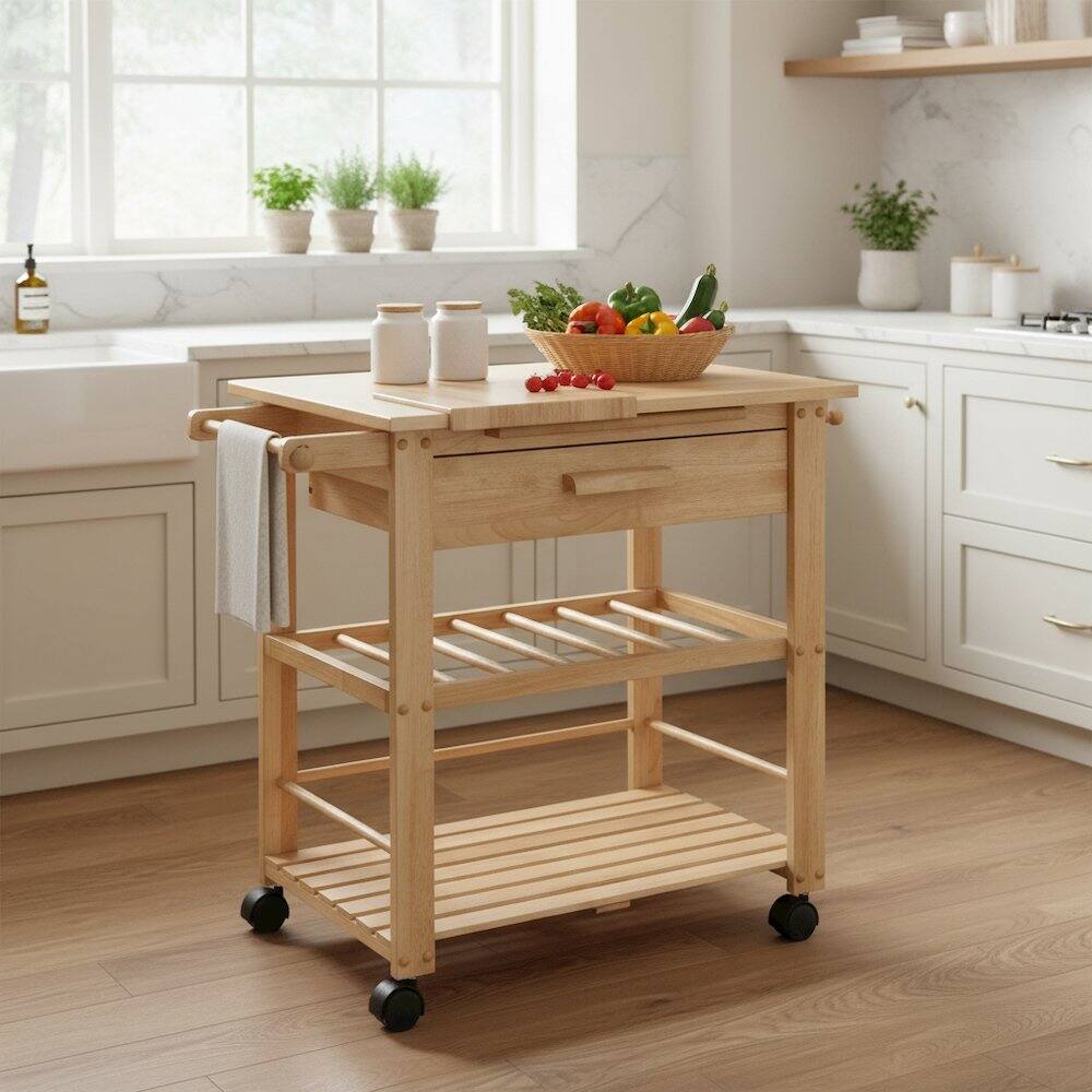 Back. FurniFact - Solid Wood Mobile Utility Cart - Natural.