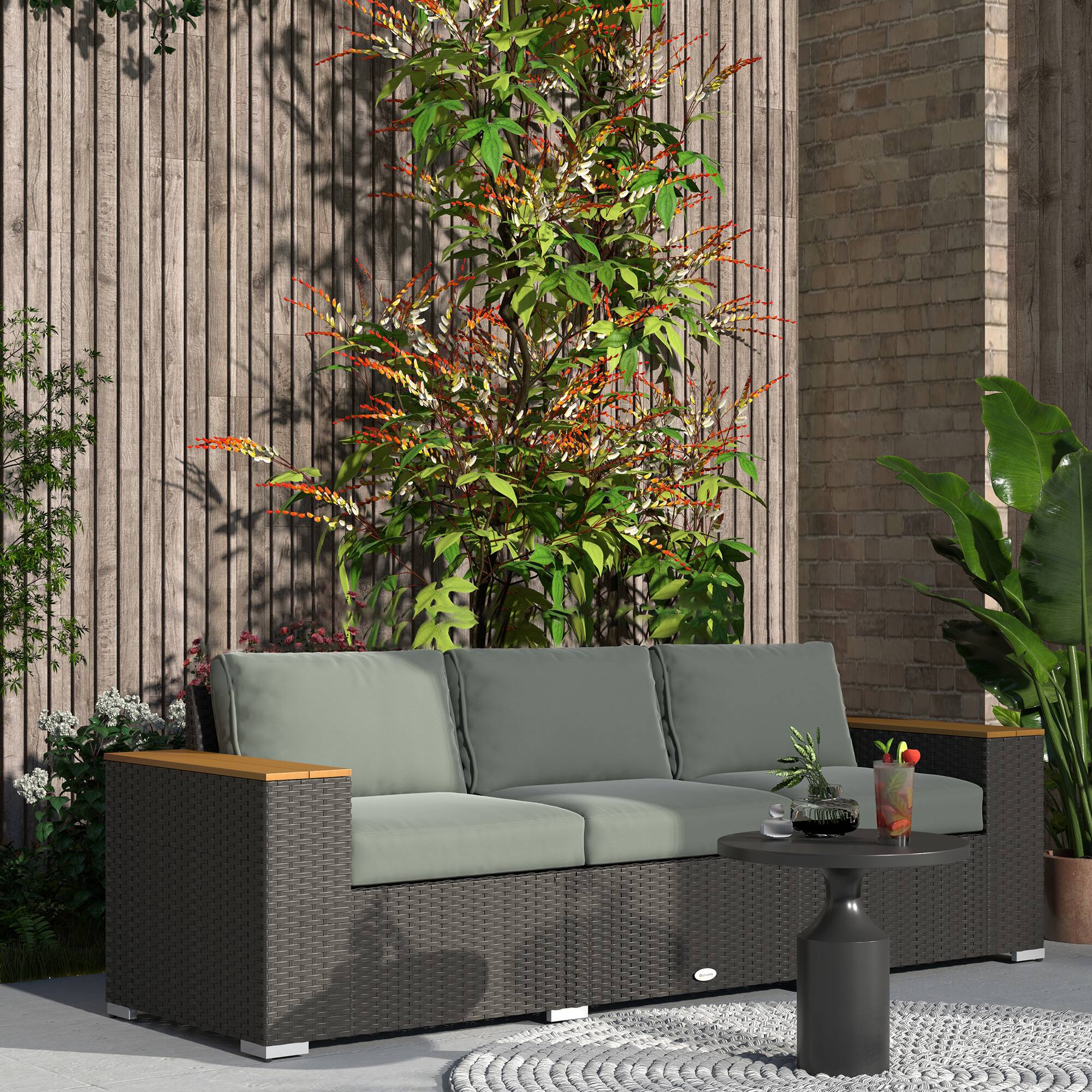 Alt View 1. Outsunny - Outdoor Patio Sofa, PE Wicker Outdoor Couch with Extra Wide Deep Seat, Wide Armrests 4" Cushions - Dark Gray.