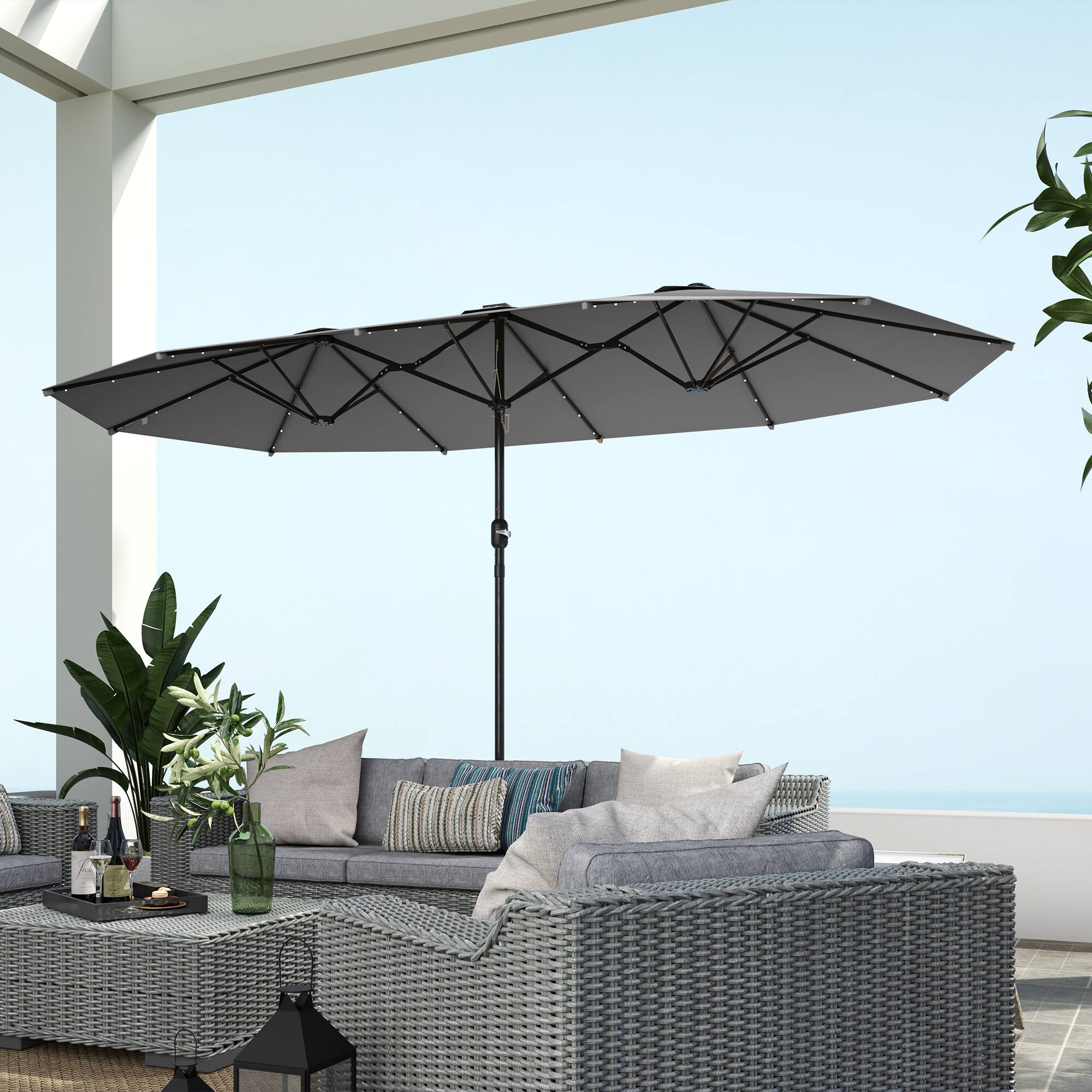 Alt View 5. Outsunny - 14.4ft Double Umbrella, Large Outdoor Patio Umbrella with Base Included, Patio Sun Shade with LED Solar Light - Gray.