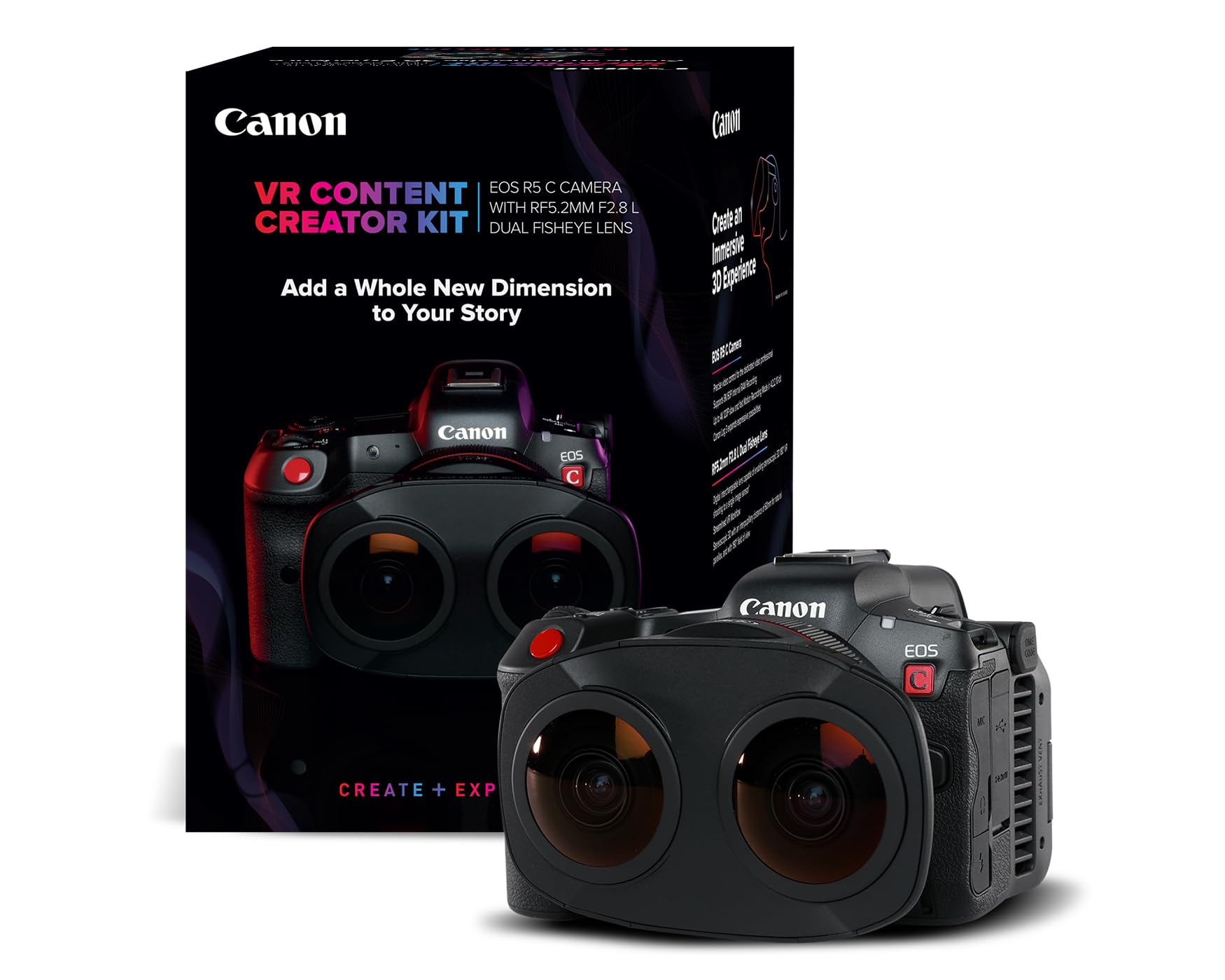 Canon EOS R5 C Camera with RF5.2mm F2.8 L Creator Kit Dual Fish-eye Lens: Add a Whole New Dimension to Your Story. Create an Immersive 3D Experience.