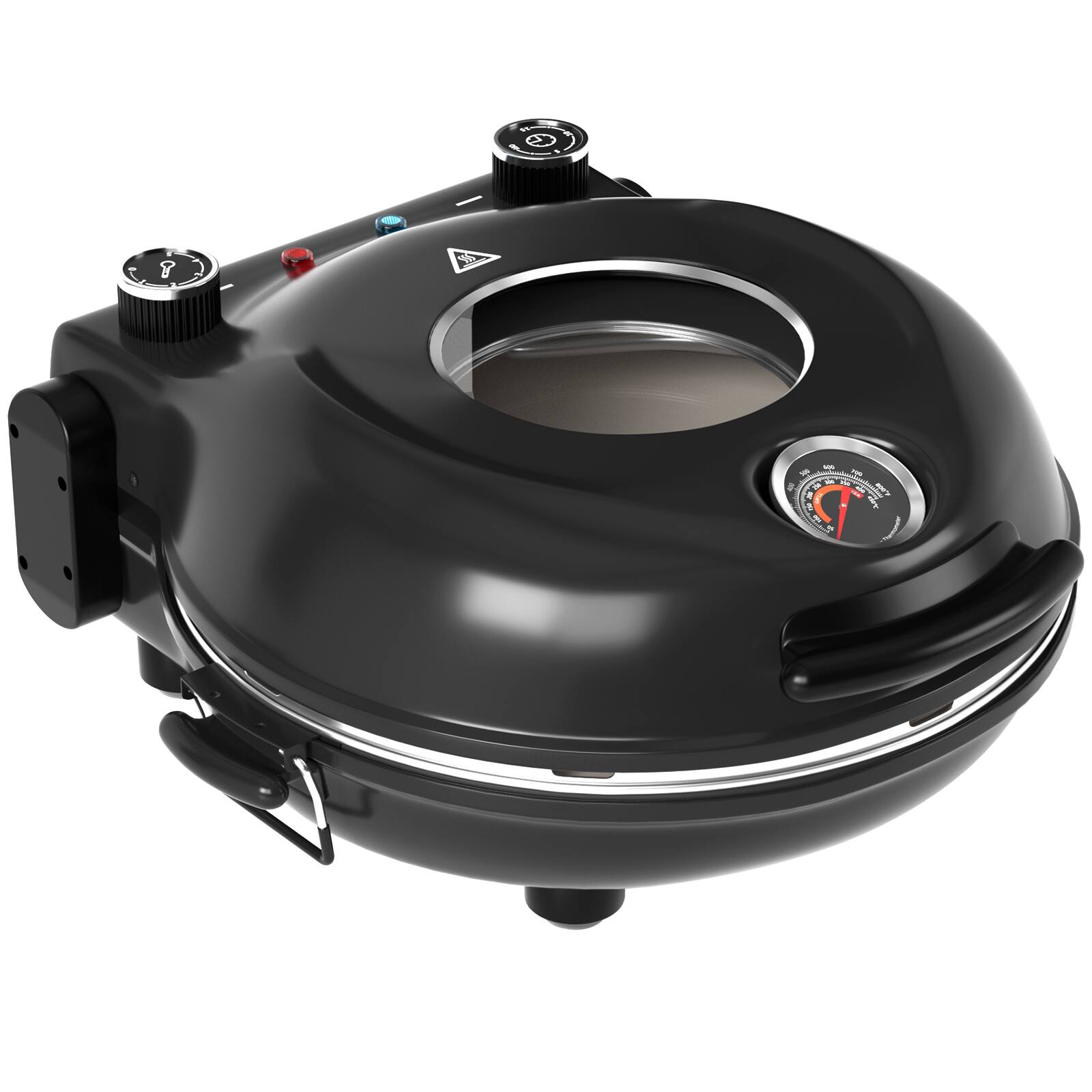 Angle. Topteng - 12 Inch Countertop Electric Pizza Oven - 800°F Fast Cooking, Removable Ceramic Stone & Viewing Window - Red.