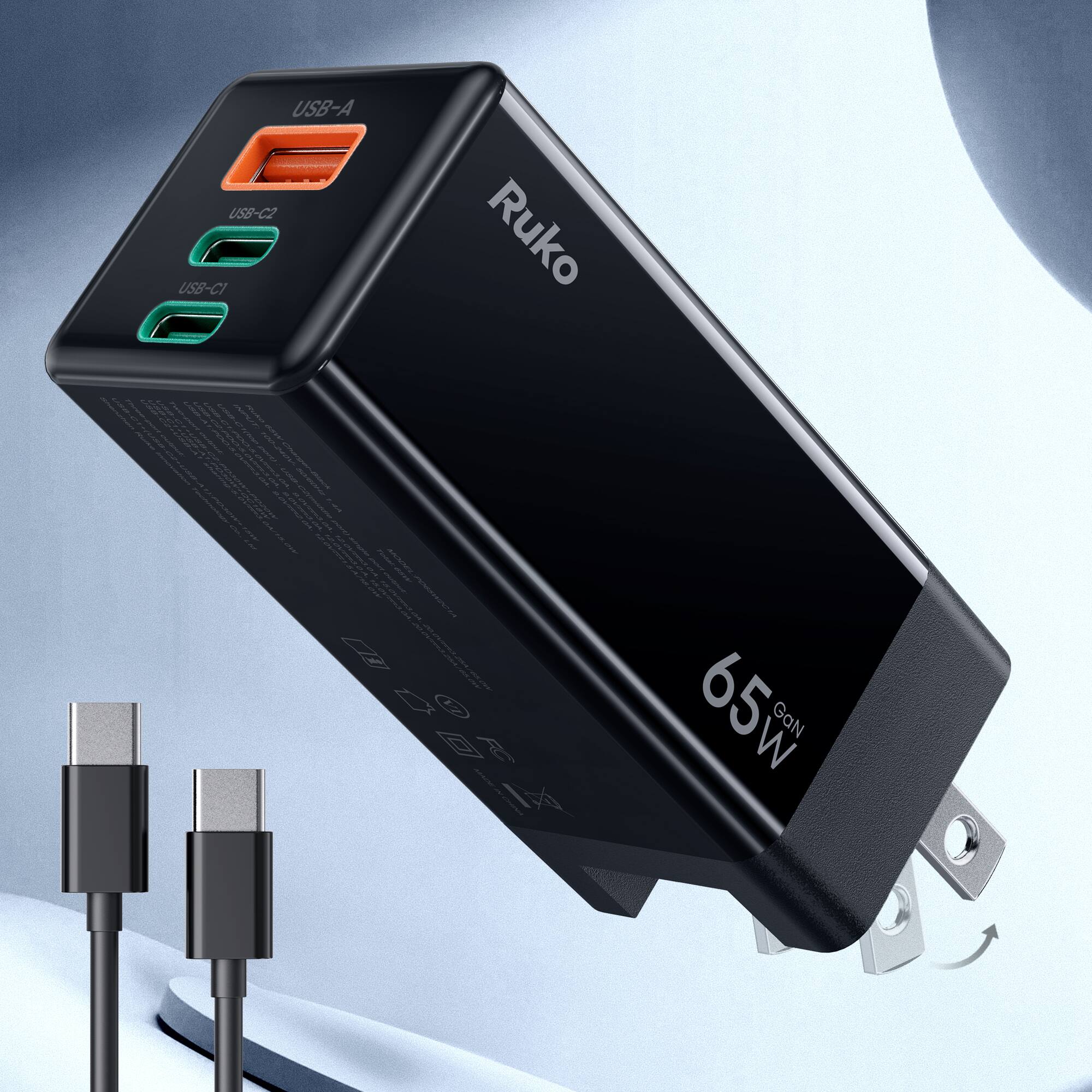 USB-A  
USB-C2  
USB-C1  

Ruko  

65W  
GaN